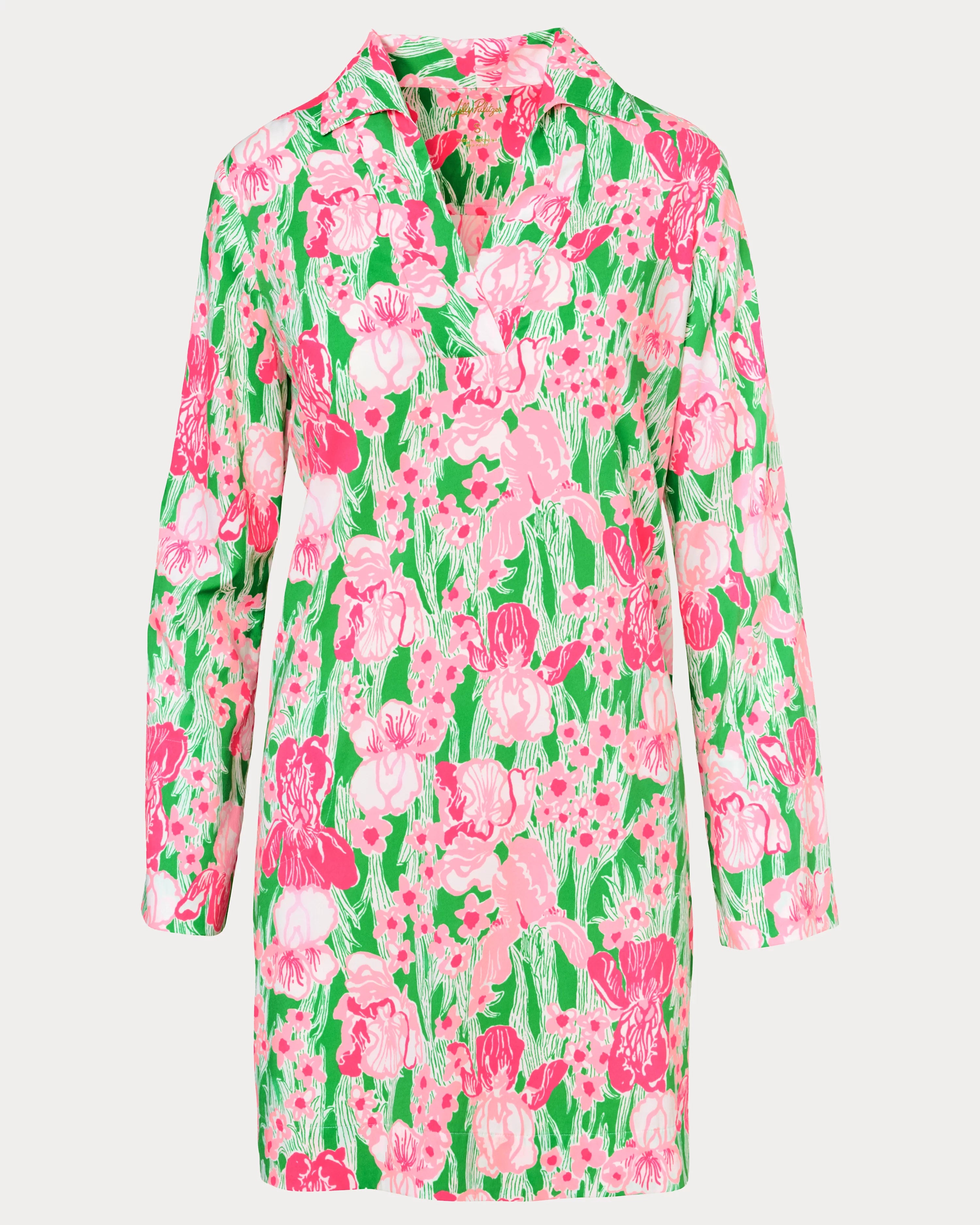 Floral dress with pink and green flowers on a white background