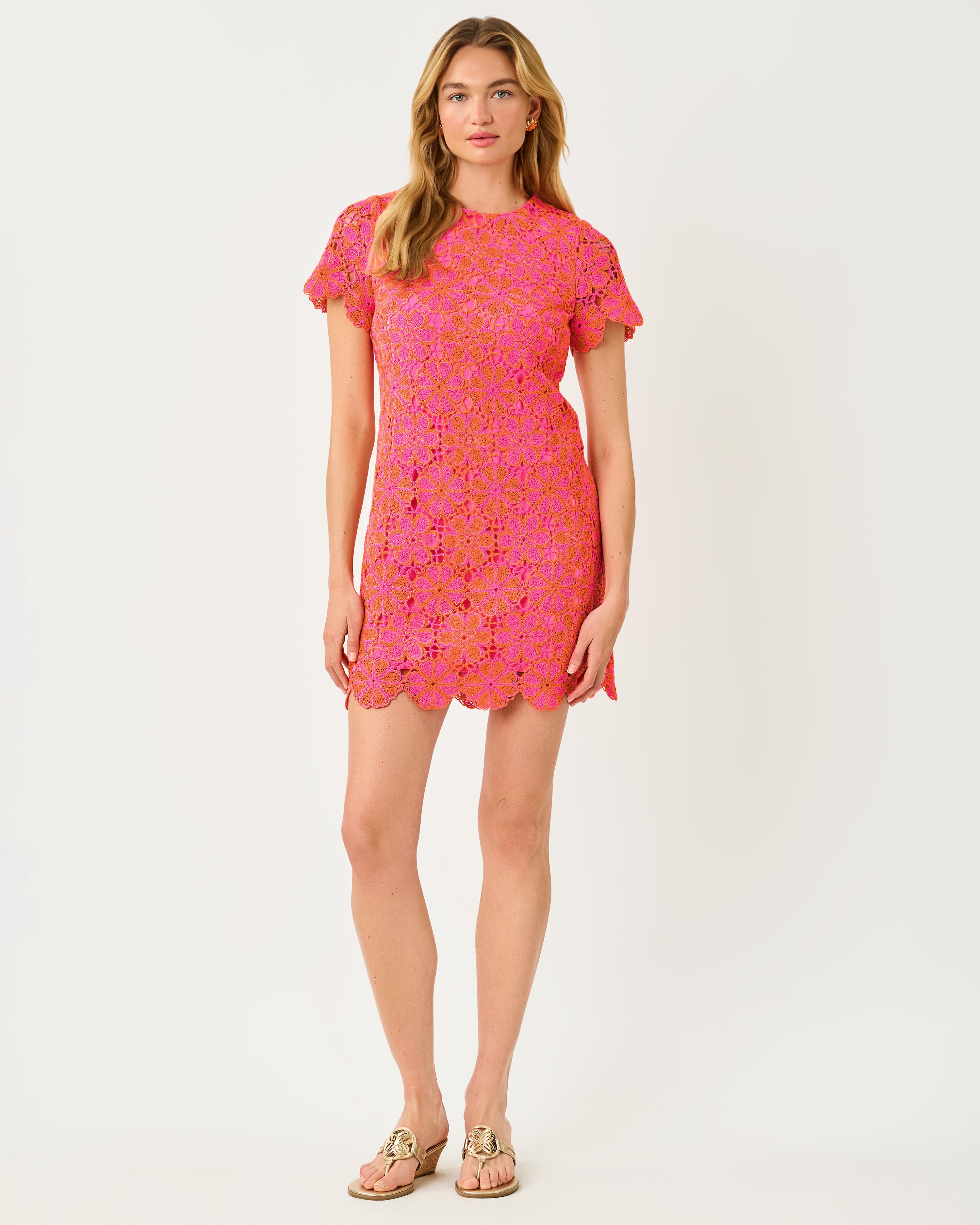 Cortney Crochet Shift Dress - Cherry Blossom Pink X Sunset Orange Full Bloom