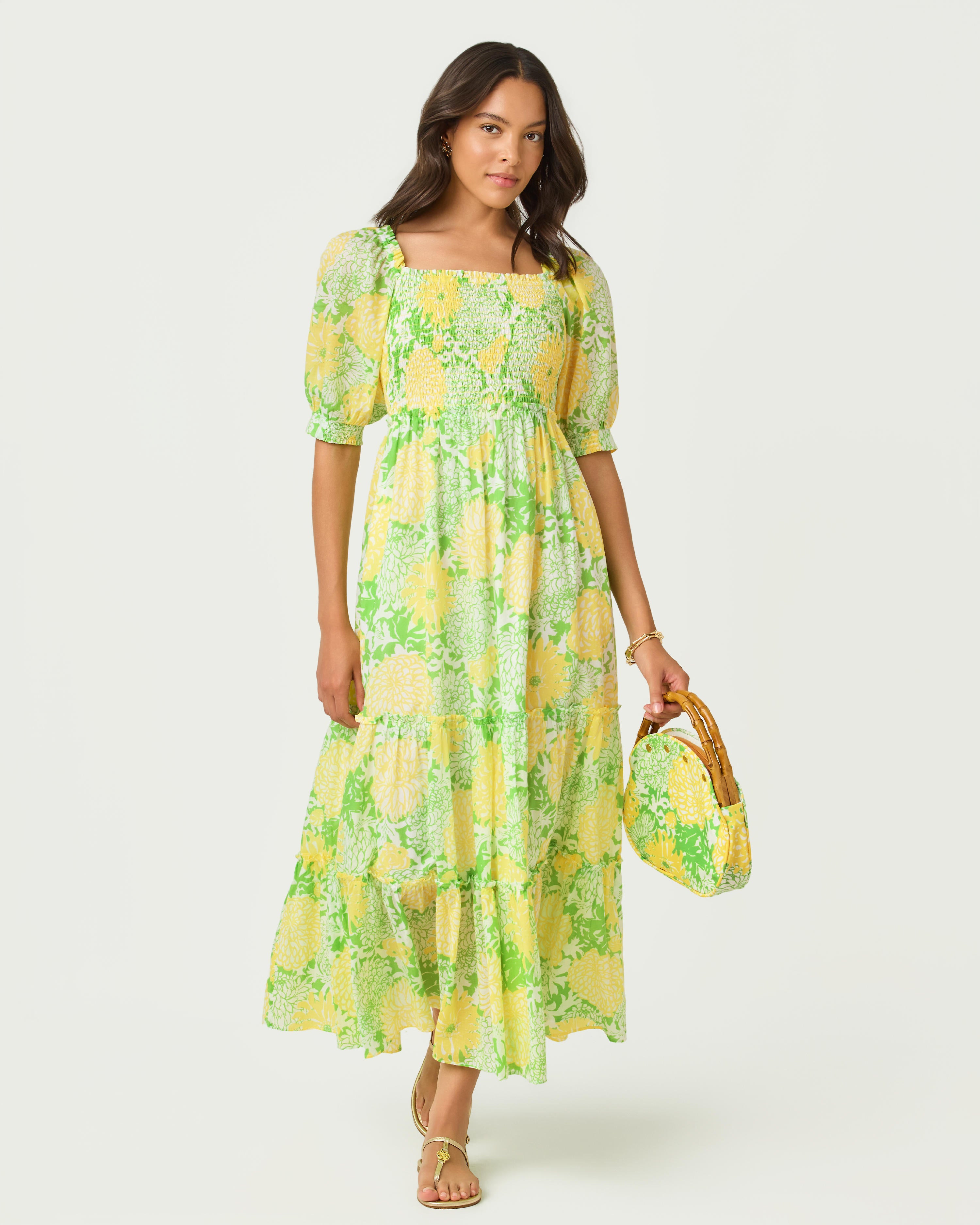 Hadly Short Sleeve Smocked Maxi Dress - Crocodile Green Mumbo Jumbo