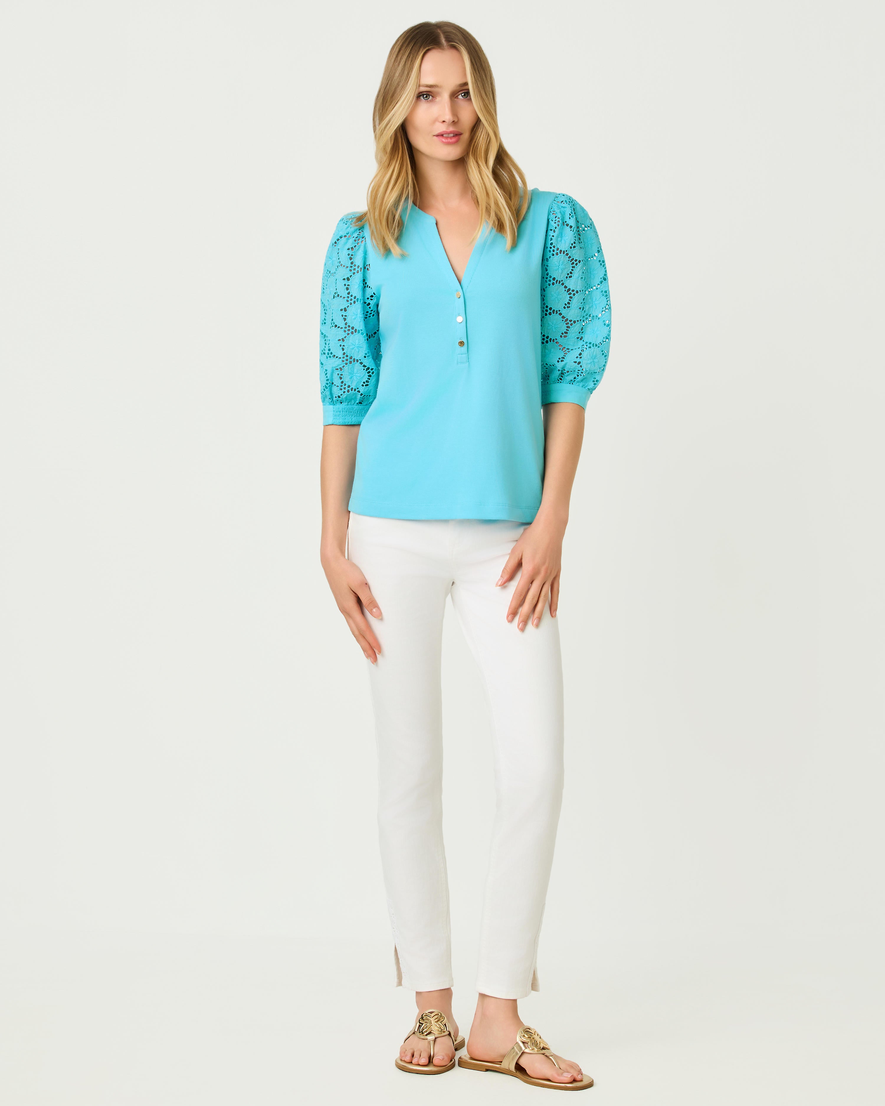 Ronson Eyelet Knit Top - Capri Blue