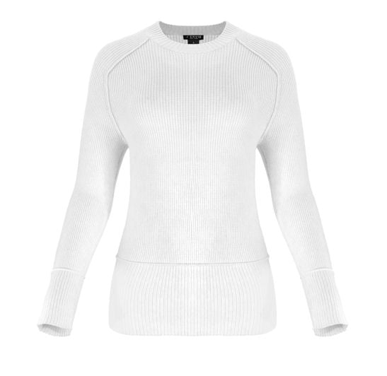 White ribbed long-sleeve top on a white background