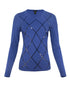 Blue sweater with black lattice pattern on a white background