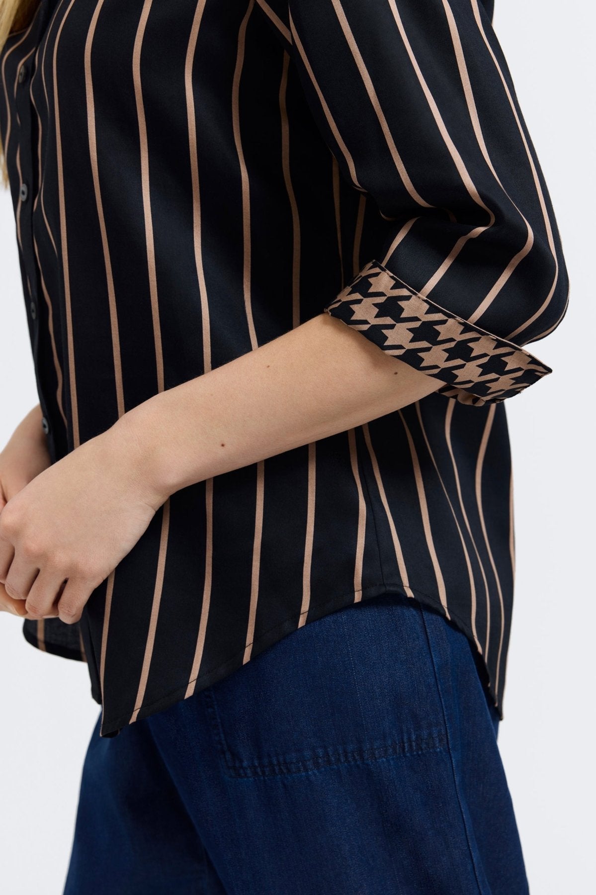 Foxcroft | Margie Stripe & Houndstooth 3/4 Sleeve Shirt