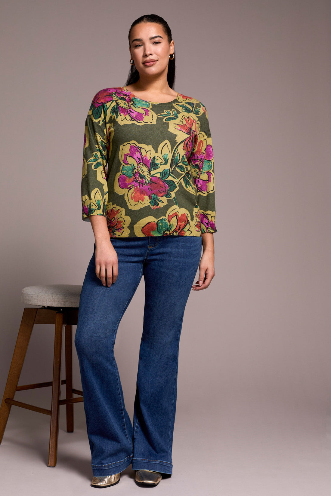 Tribal | Soft Yarn Three-Quarter Sleeve Crewneck Sweater