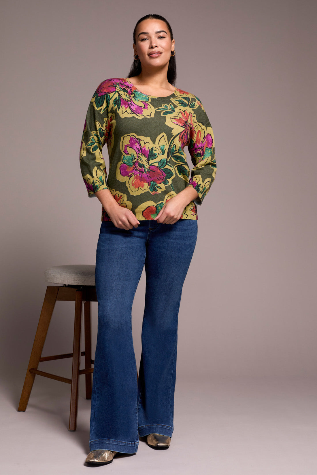 Tribal | Soft Yarn Three-Quarter Sleeve Crewneck Sweater
