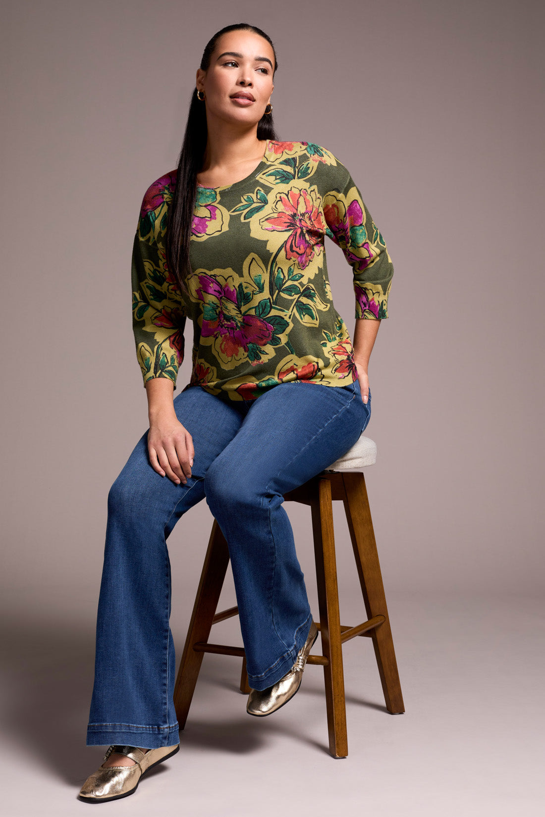 Tribal | Soft Yarn Three-Quarter Sleeve Crewneck Sweater