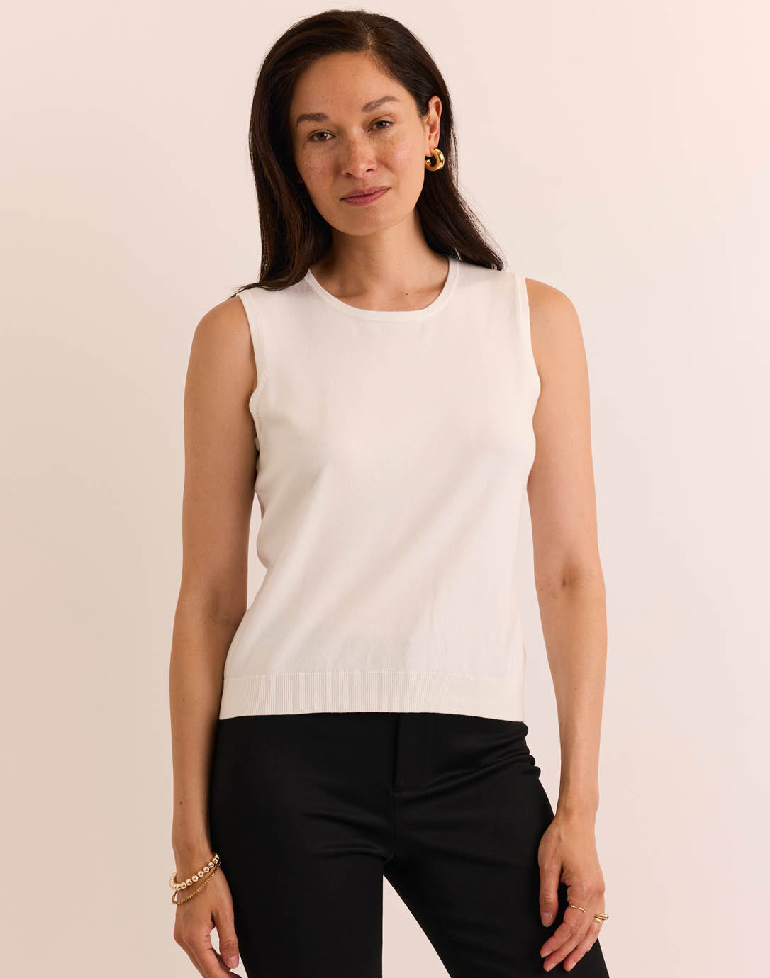 Maria Sleeveless Ribbed Trim Tank - Eggshell