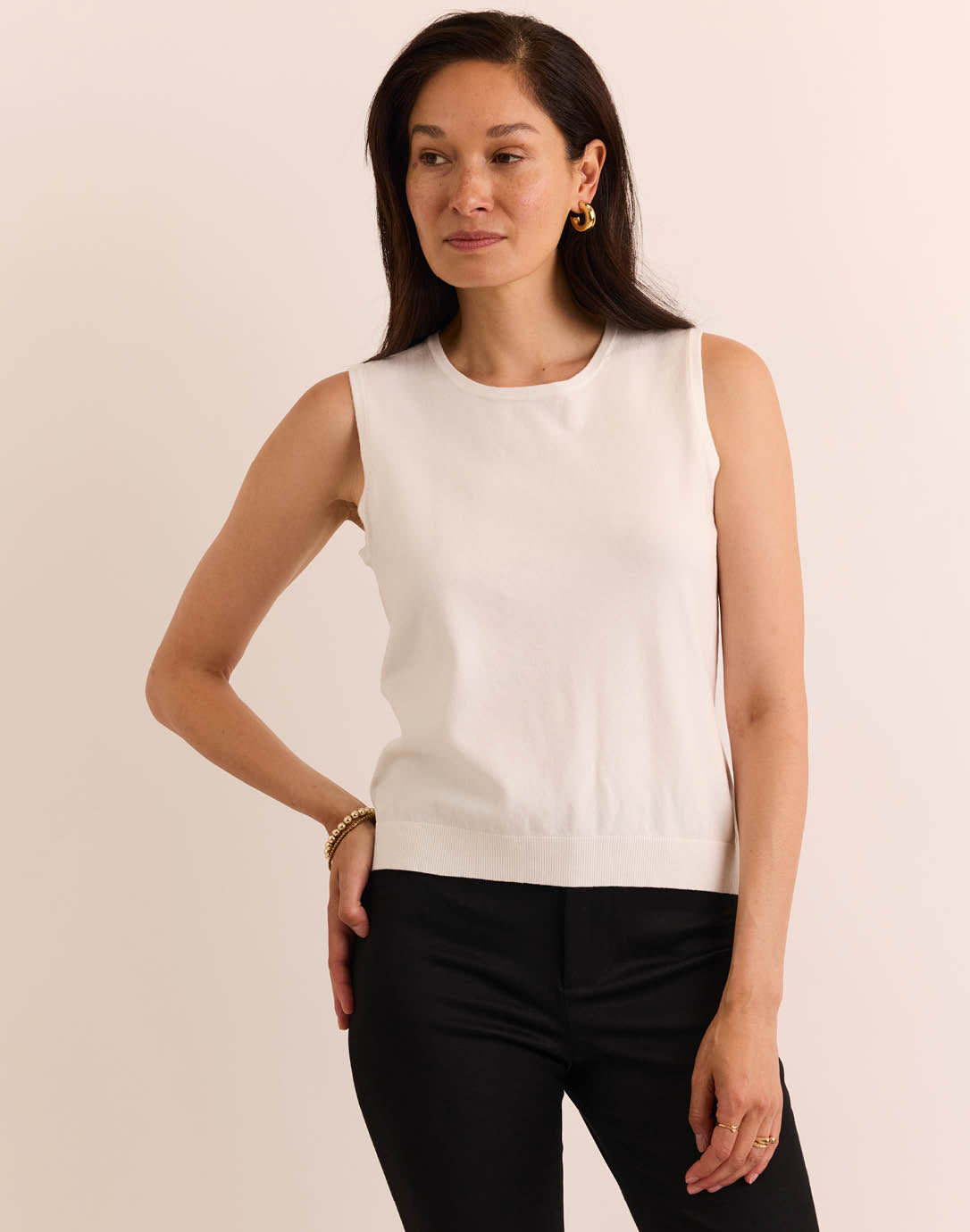 Maria Sleeveless Ribbed Trim Tank - Eggshell