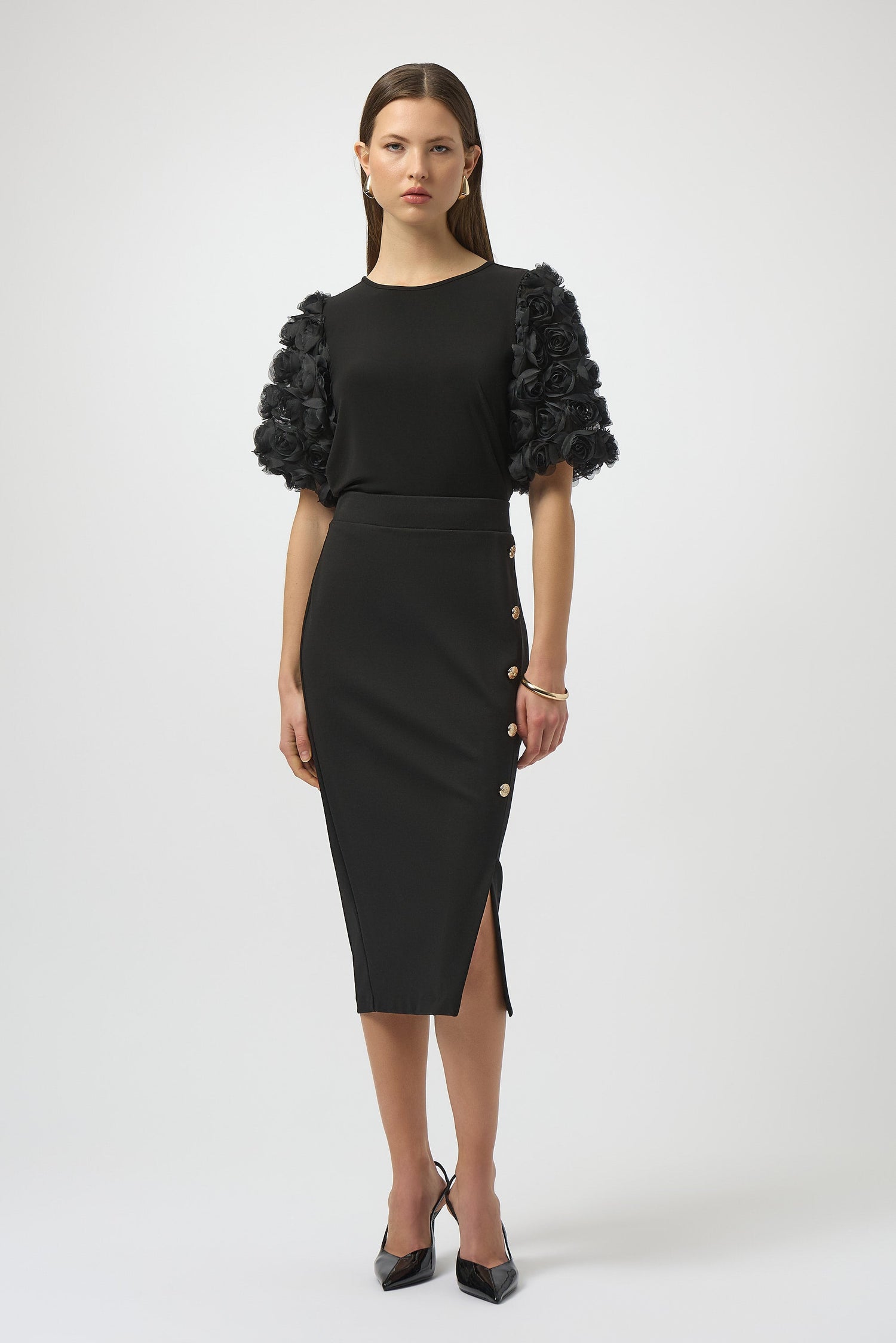 Joseph Ribkoff | Top With Rosette Embroidered Sleeves - Black