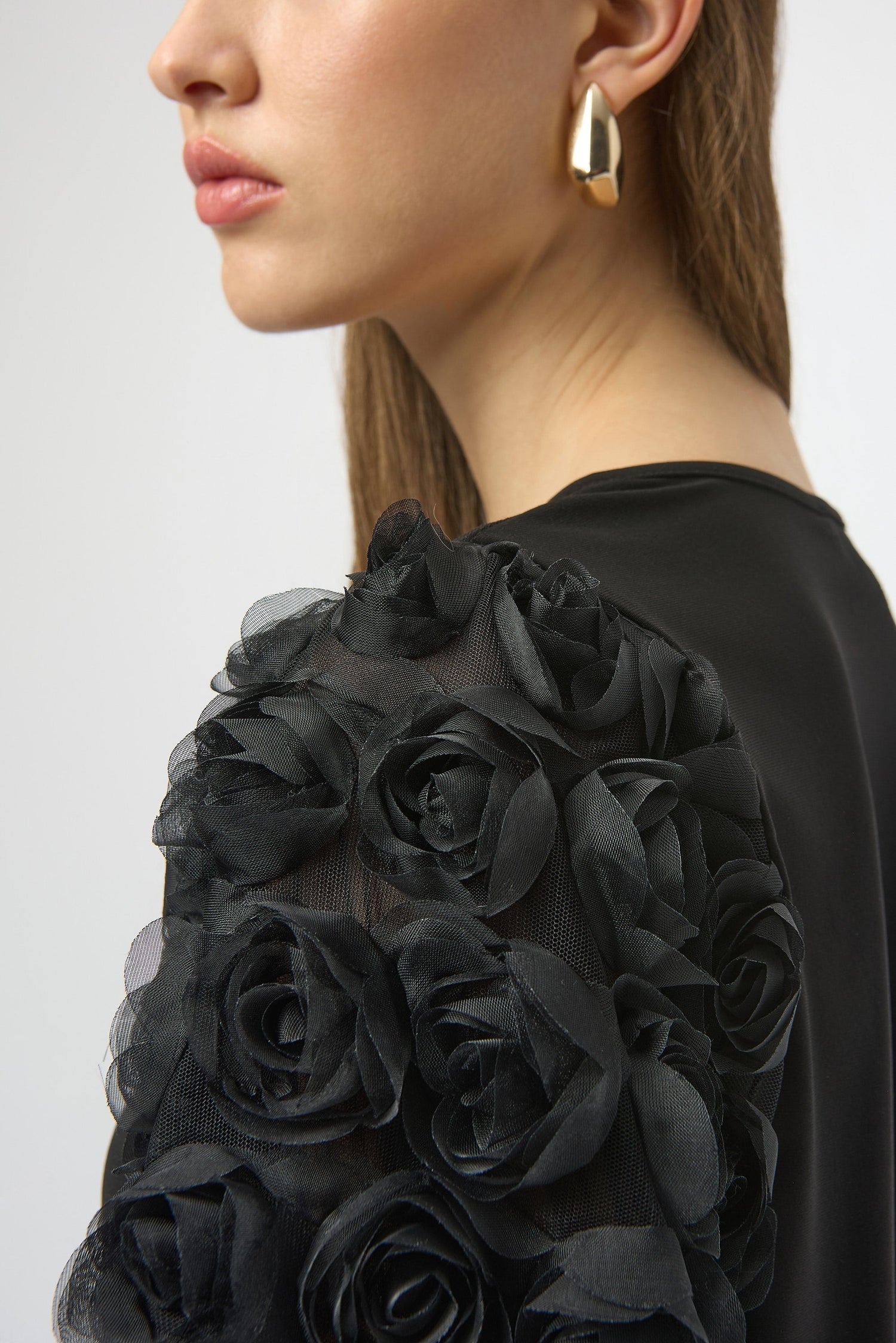 Joseph Ribkoff | Top With Rosette Embroidered Sleeves - Black