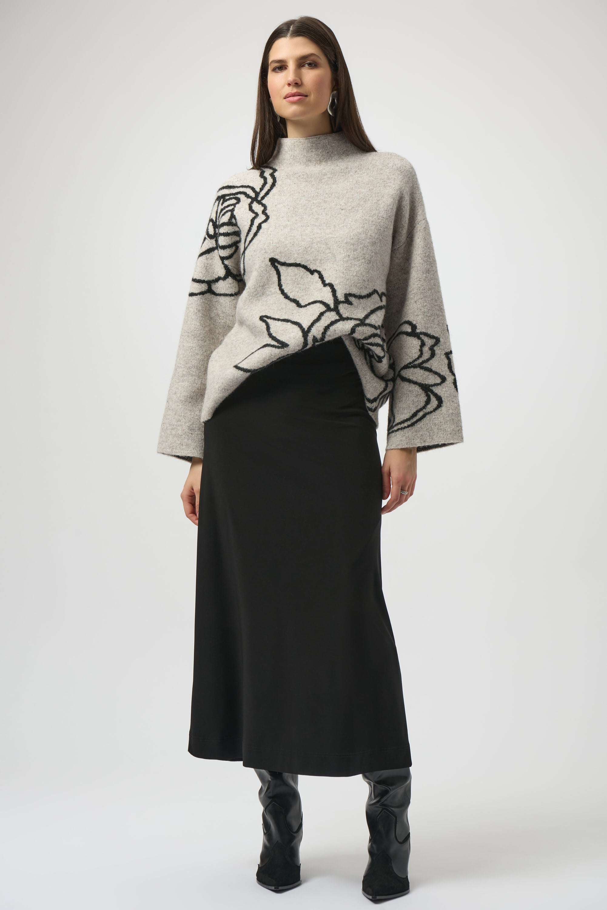 Joseph Ribkoff | Floral Embroidered Pullover Sweater - Oatmeal Melange/Black