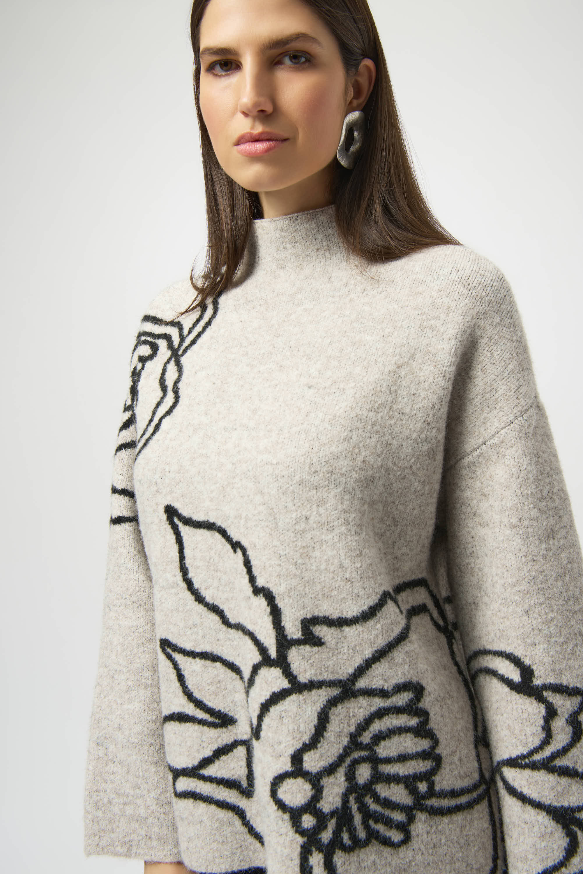 Joseph Ribkoff | Floral Embroidered Pullover Sweater - Oatmeal Melange/Black