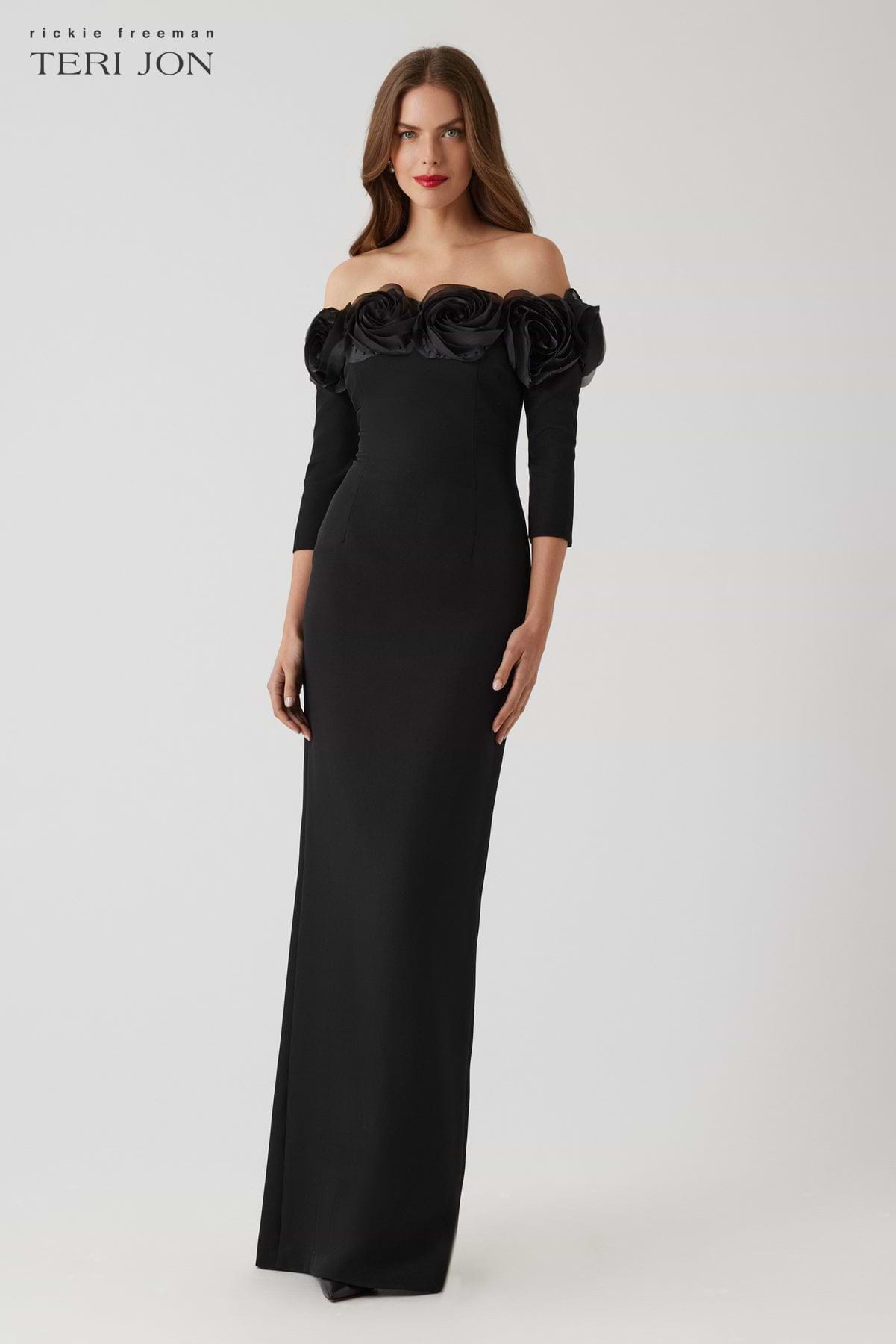 Teri Jon | Crepe 3D Flower Off The Shoulder Gown
