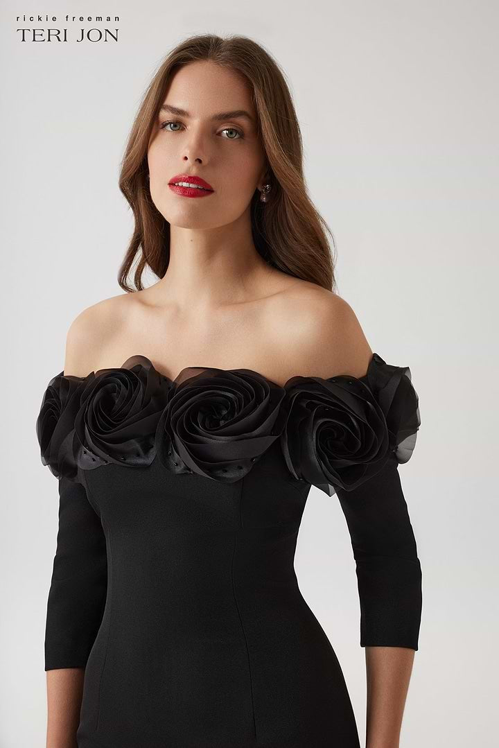 Teri Jon | Crepe 3D Flower Off The Shoulder Gown