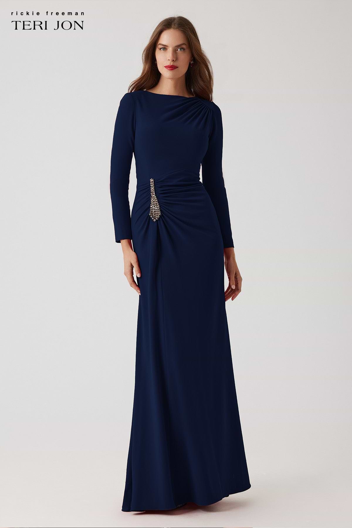 Teri Jon | Crepe Ruched Jewel Applique Gown