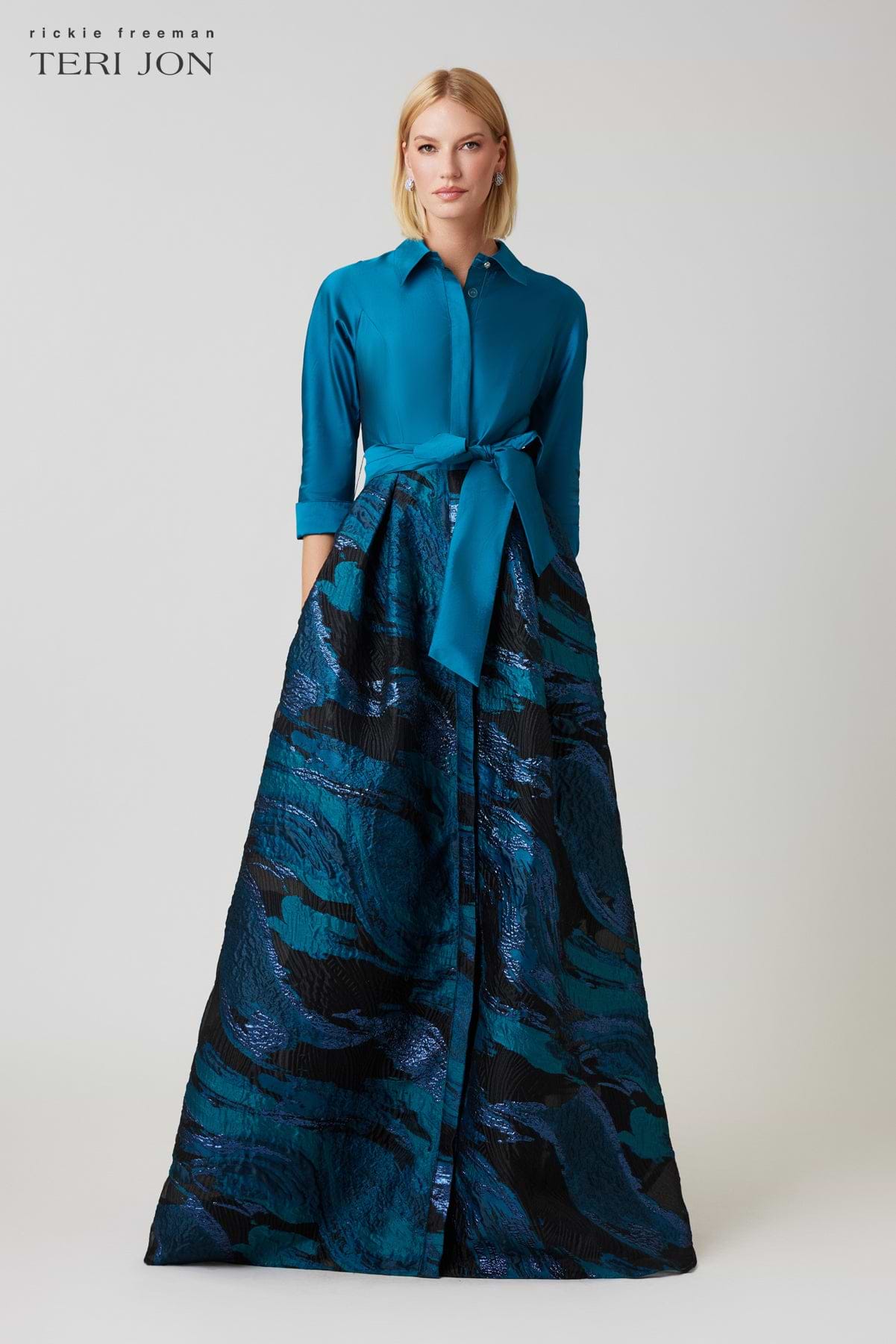 Teri Jon by Rickie Freeman Women's Wave Jacquard Shirtwaist Gown - Teal Multi
