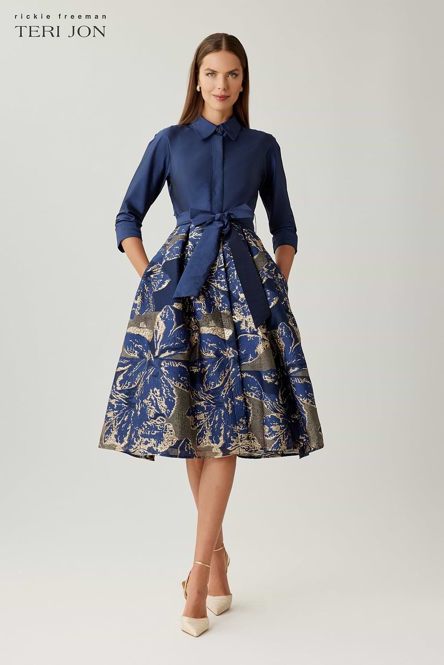 Taffeta Jacquard Metallic Floral Shirt Waist Dress