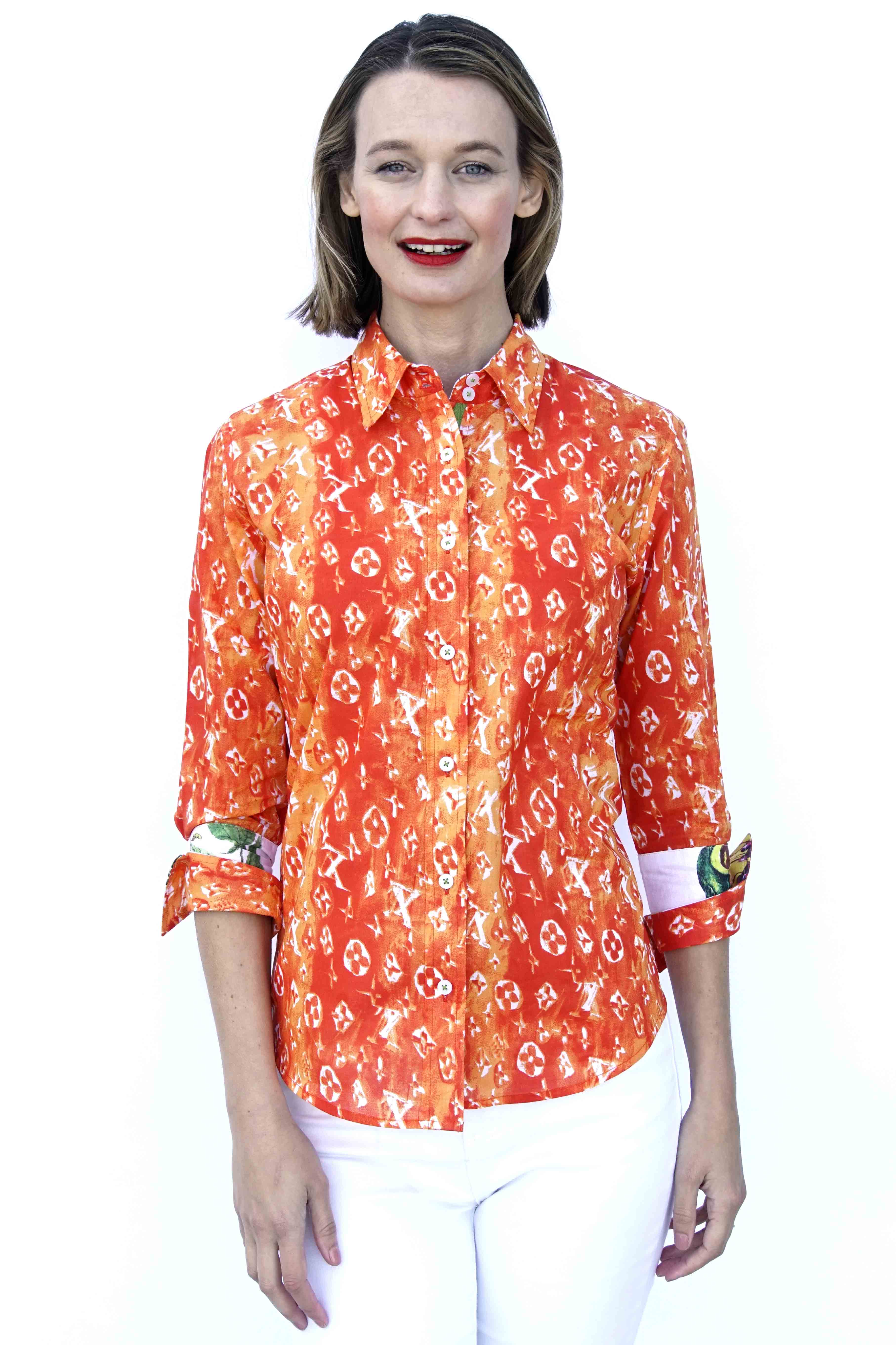 Dizzy Lizzie | 3/4 Sleeve Orange And White "Not Really Louis" Print | Cloister Collection | SHIRT