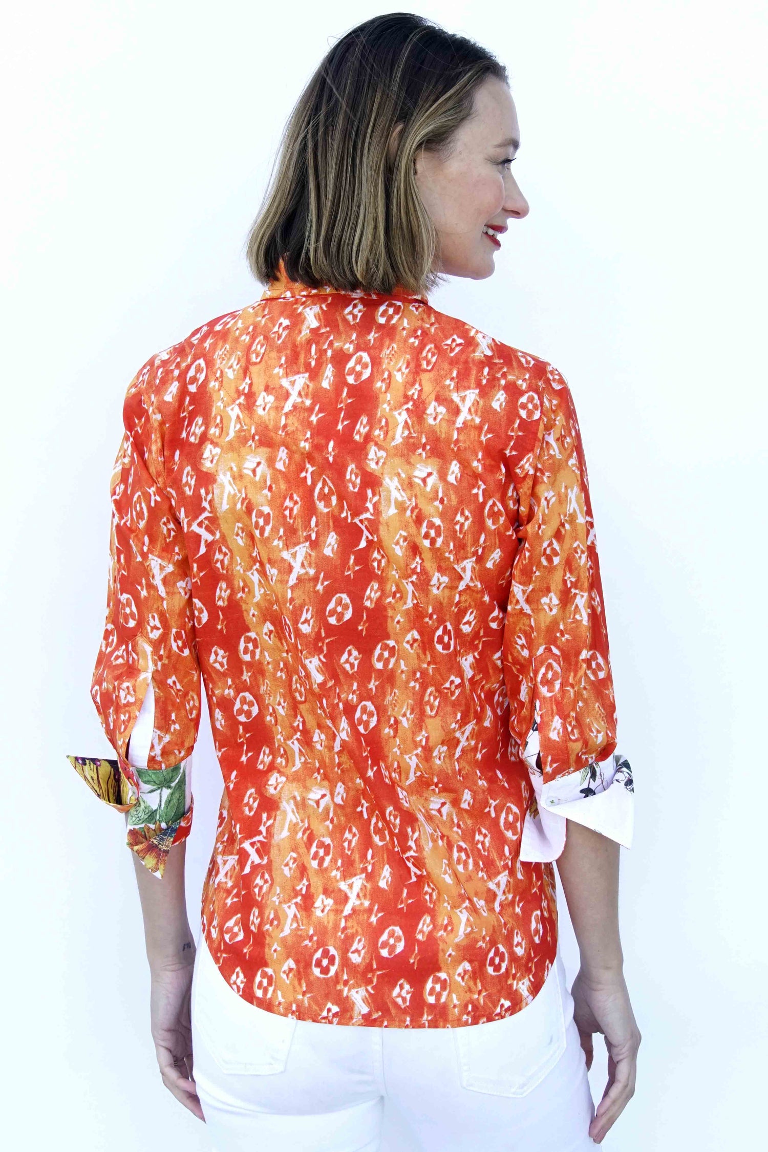Dizzy Lizzie | 3/4 Sleeve Orange And White "Not Really Louis" Print | Cloister Collection | SHIRT