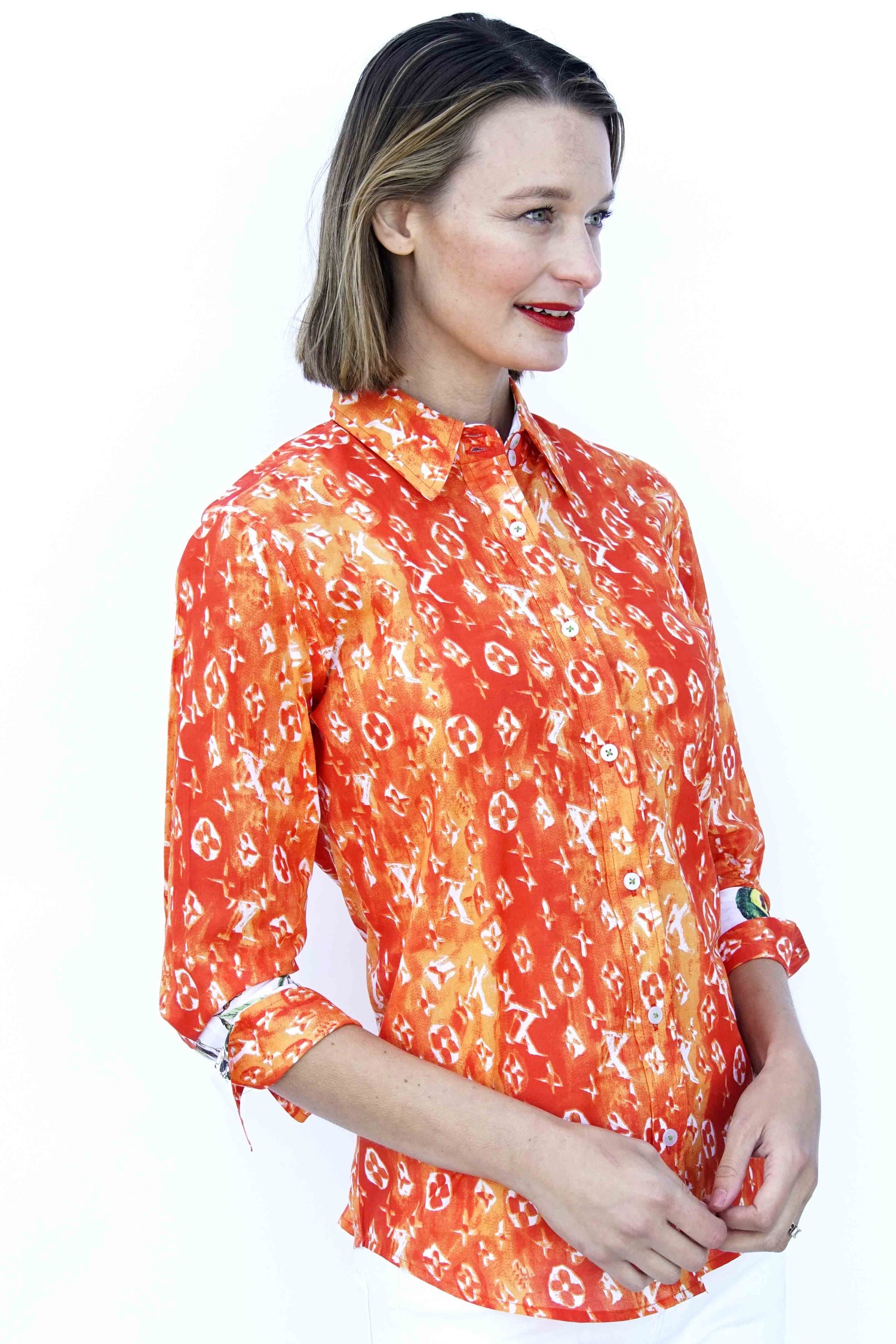 Dizzy Lizzie | 3/4 Sleeve Orange And White "Not Really Louis" Print | Cloister Collection | SHIRT