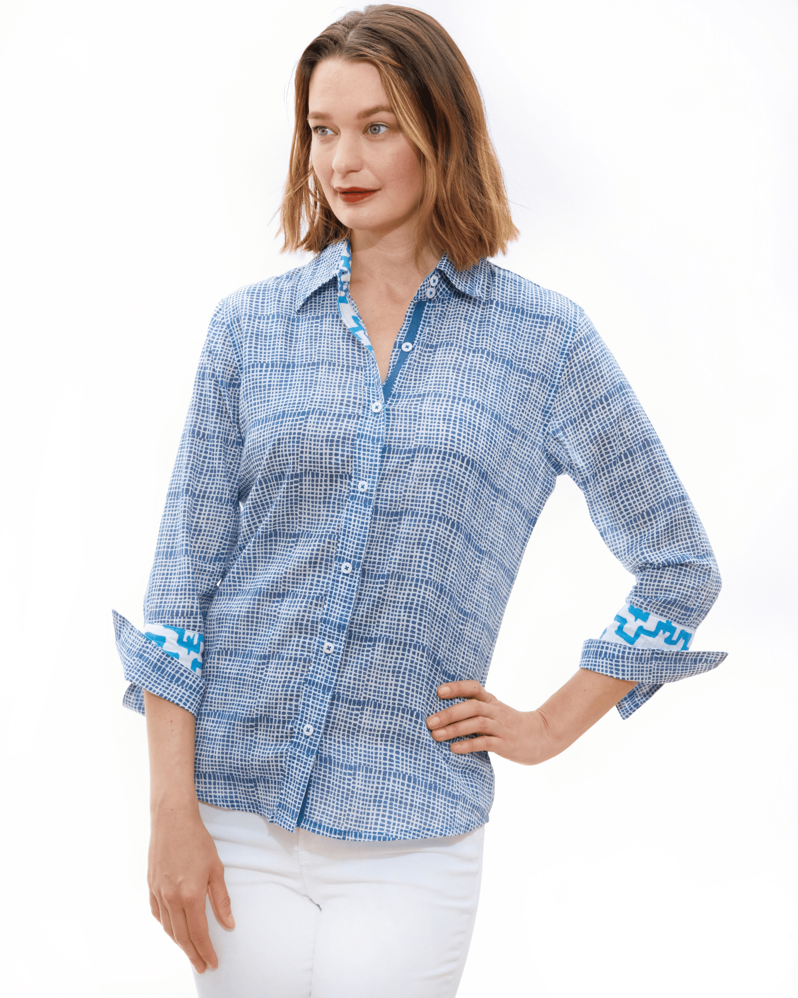 Dizzy Lizzie | 3/4 Sleeve Rome Shirt Navy Tattersall | Cloister Collection | SHIRTS