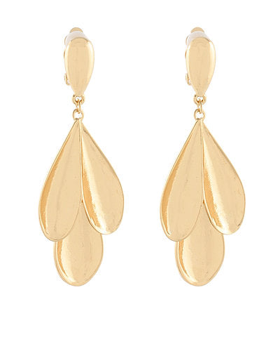 3 Petal Gold Drop Clip-on Earrings pair of gold-tone dangle earrings with a layered, teardrop-shaped design.