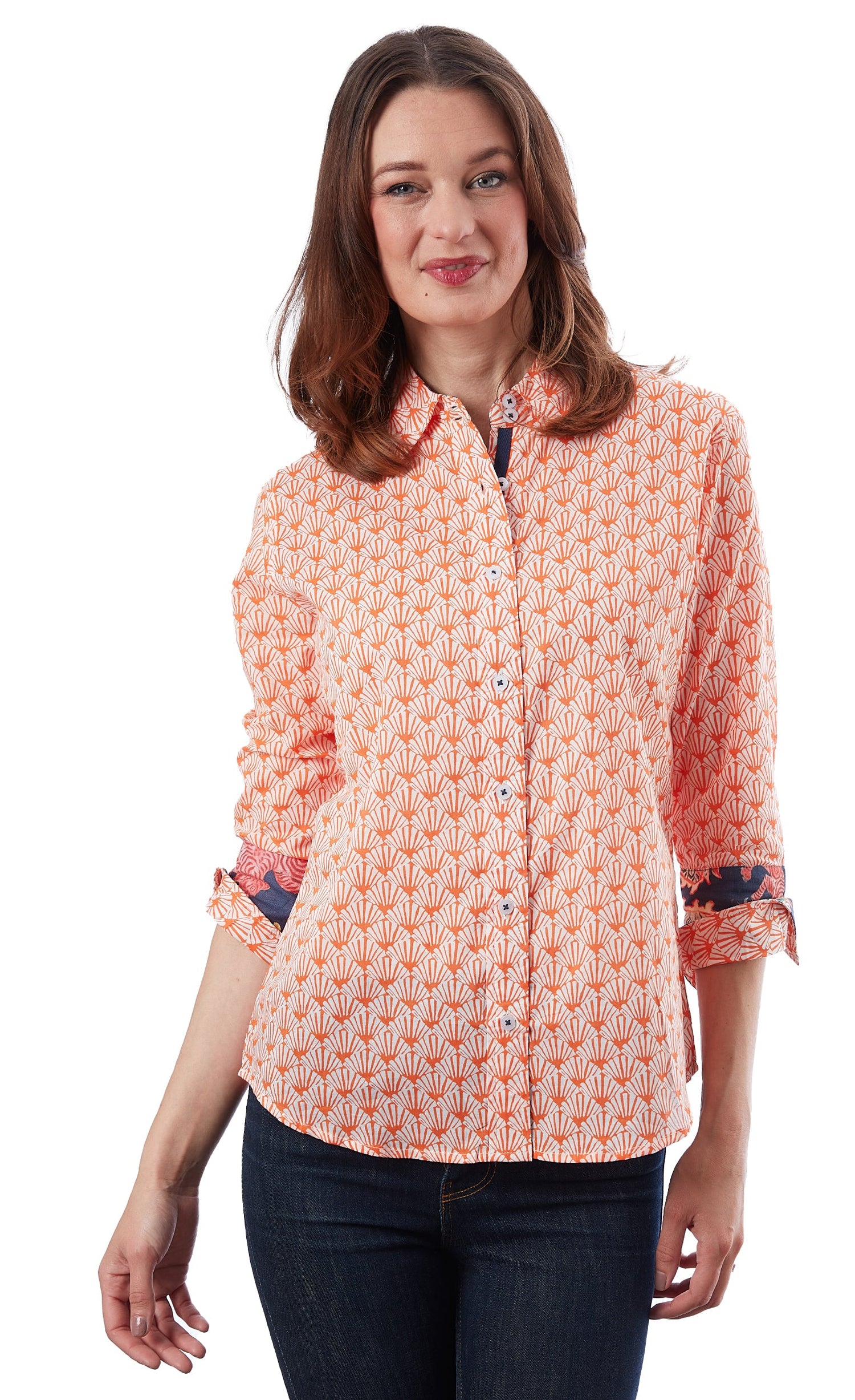 3/4 Sleeve Rome Shirt Orange White Fan Print