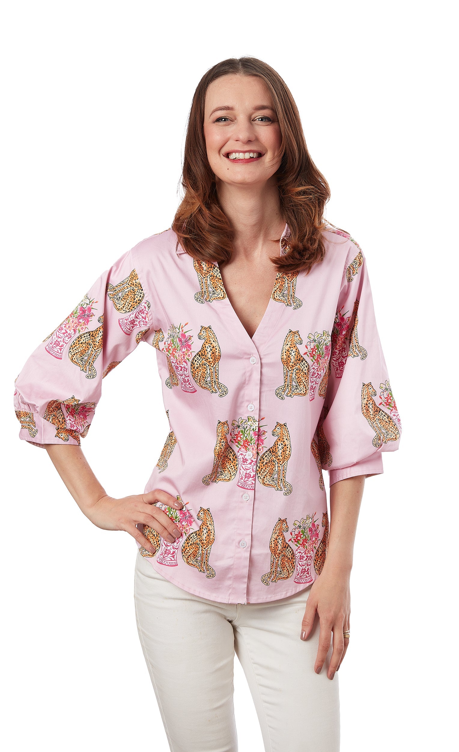 Puff Sleeve Top Pink With Cheetahs