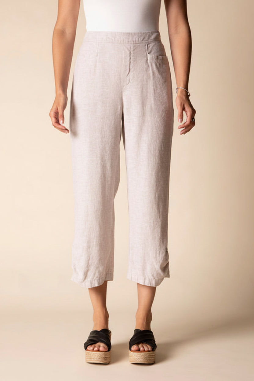 Linen Solid Pleat Button Capri - Oatmeal