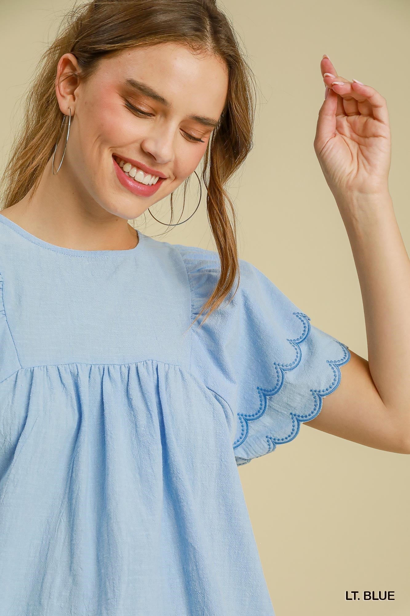 Umgee USA | Round Neck Top with Scalloped Sleeves - Light Blue