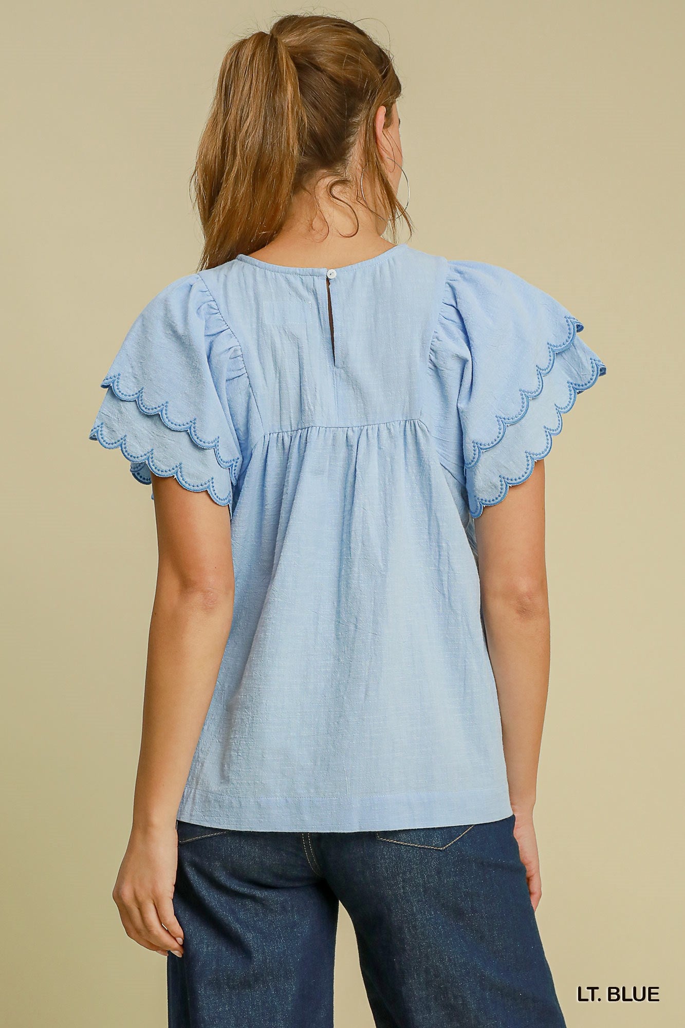 Umgee USA | Round Neck Top with Scalloped Sleeves - Light Blue