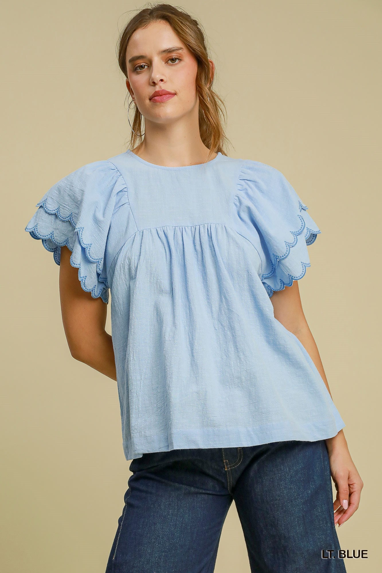 Umgee USA | Round Neck Top with Scalloped Sleeves - Light Blue