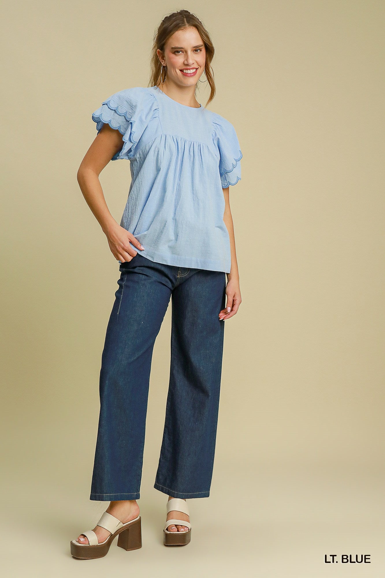 Umgee USA | Round Neck Top with Scalloped Sleeves - Light Blue