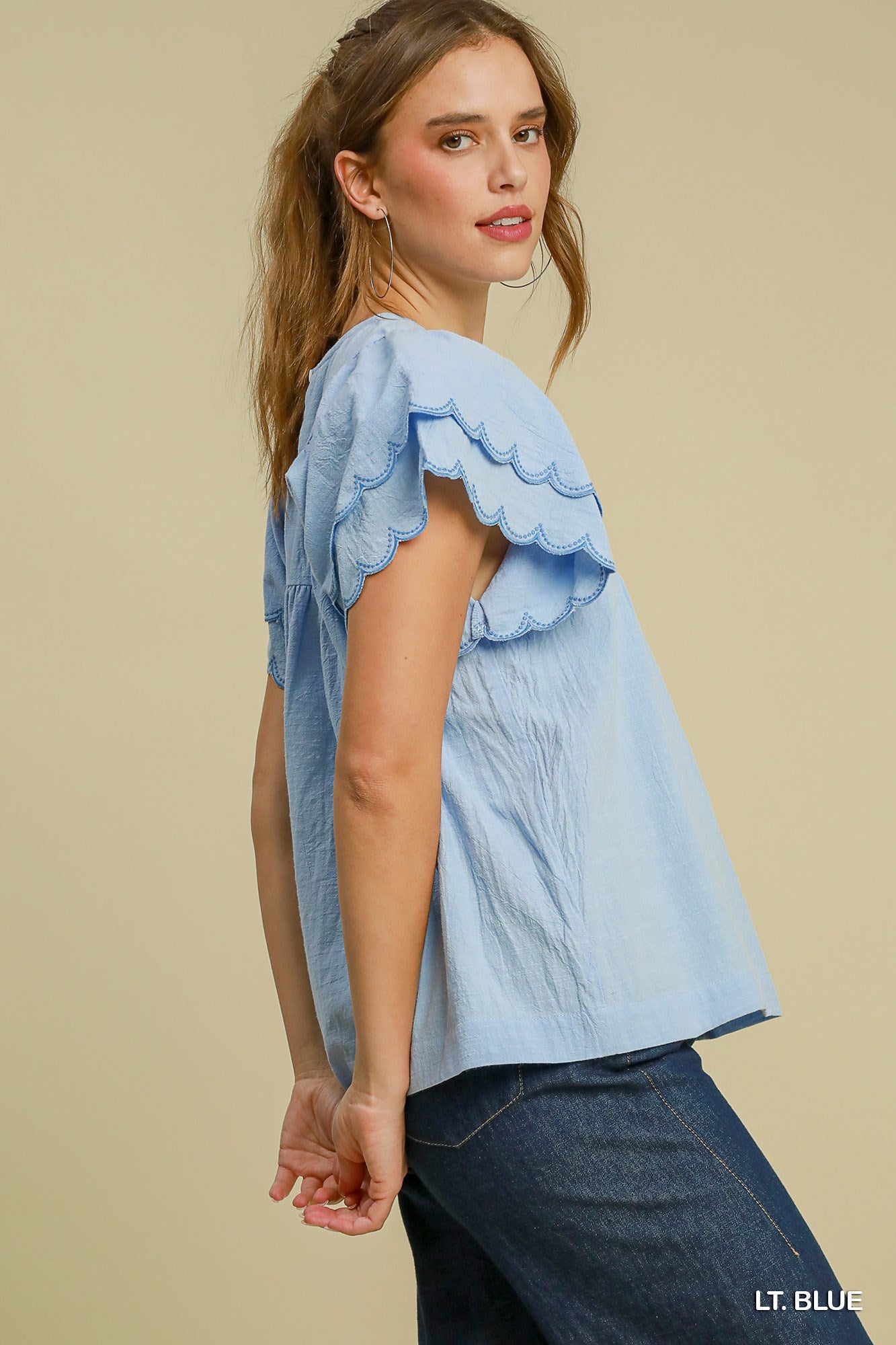 Umgee USA | Round Neck Top with Scalloped Sleeves - Light Blue