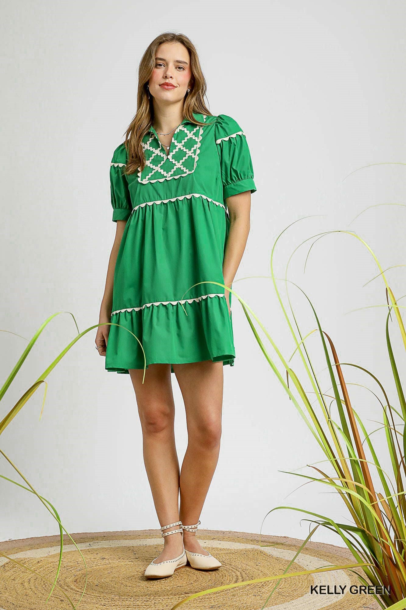 Umgee Full Size Printed Ruffle Cap Sleeve Babydoll Dress Plus Size