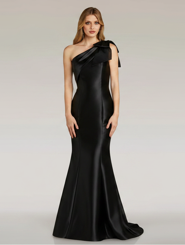 Long One Shoulder Bow Dress - Silver