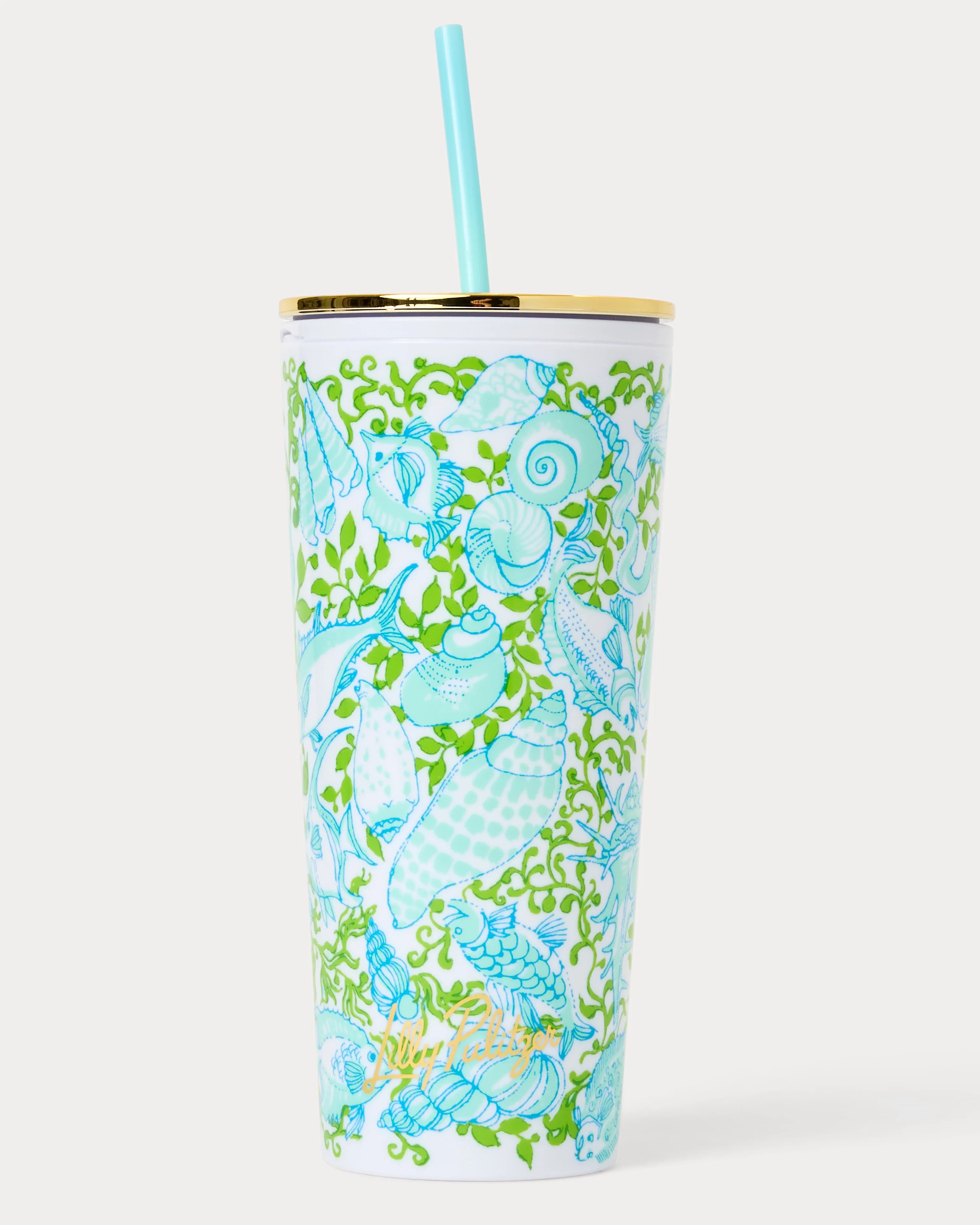 Lilly Pulitzer tumbler with straw Color: Day Dream Blue Throw Me A Line floral coastal pattern