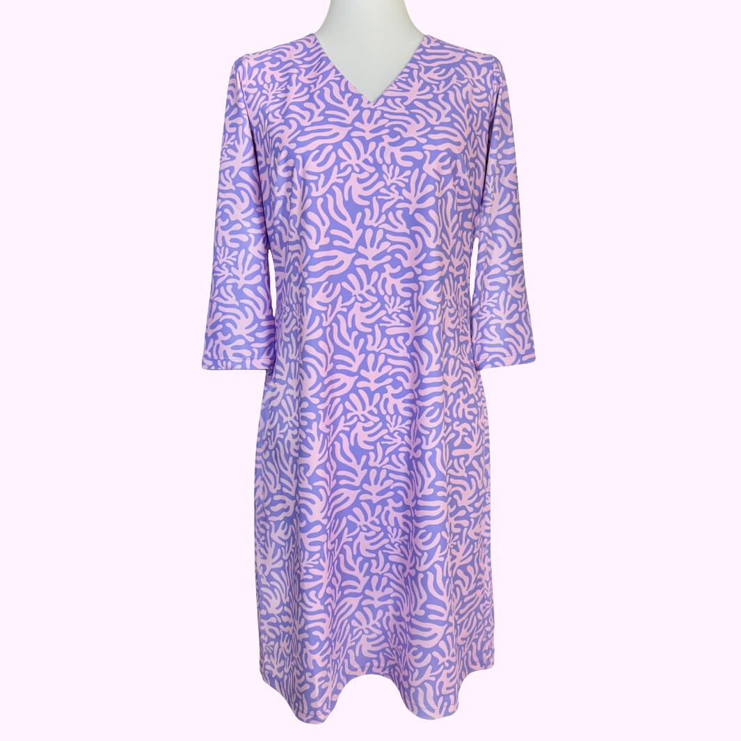 Katherine Way | Brisbane V-Neck Dress in Abstract Coral Lilac and Pink Lemonade