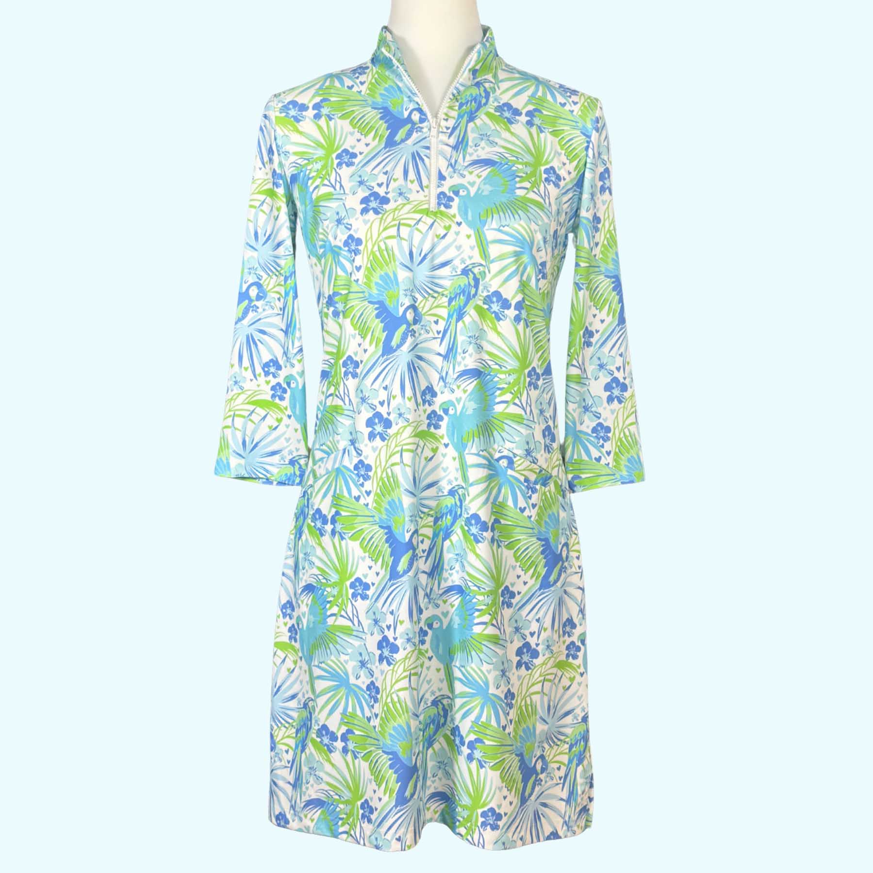 Katherine Way | Doral Dress in Parrotheads At Play Blue and White