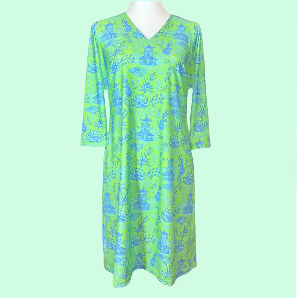 Katherine Way | Brisbane V-Neck Dress in On The Road To Mandalay Green Cloister Collection Katherine Way | Brisbane V-Neck Dress in On The Road To Mandalay Green Cloister Collection