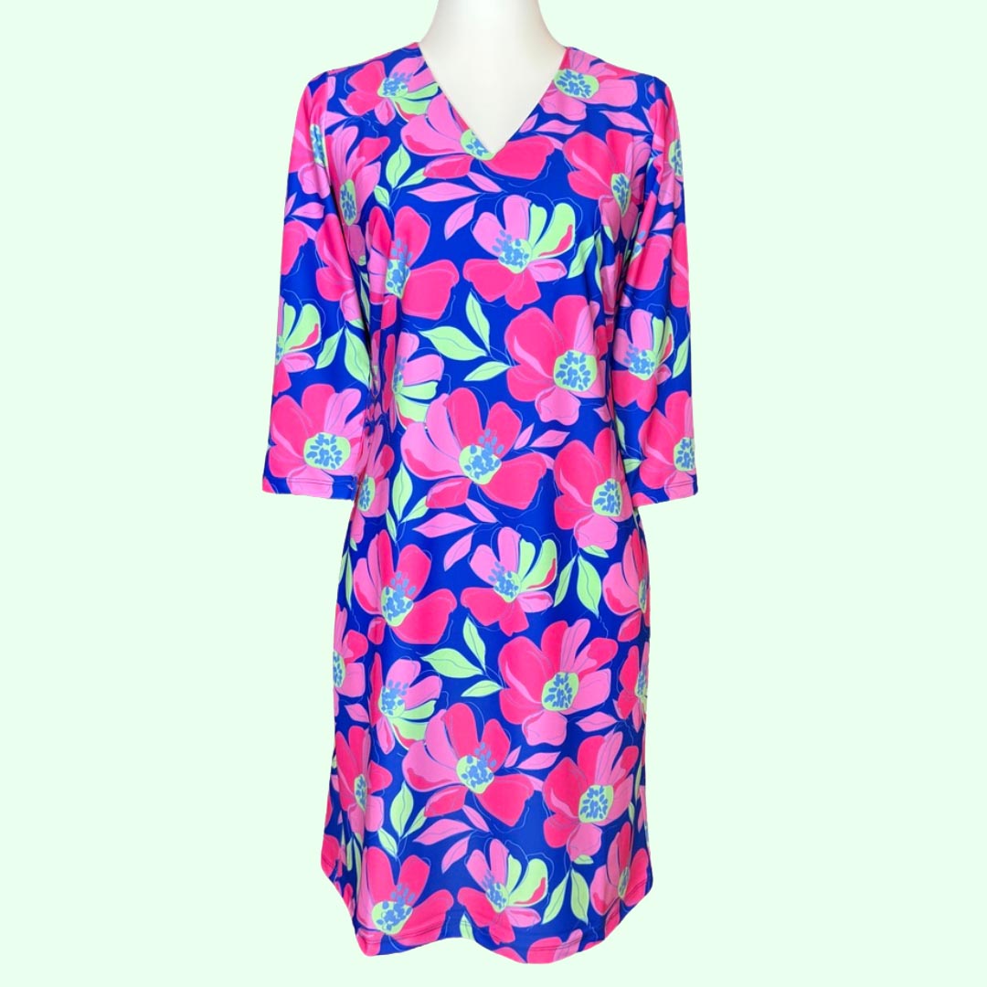 Katherine Way | Brisbane V-Neck Dress in Sugar Magnolia Cobalt