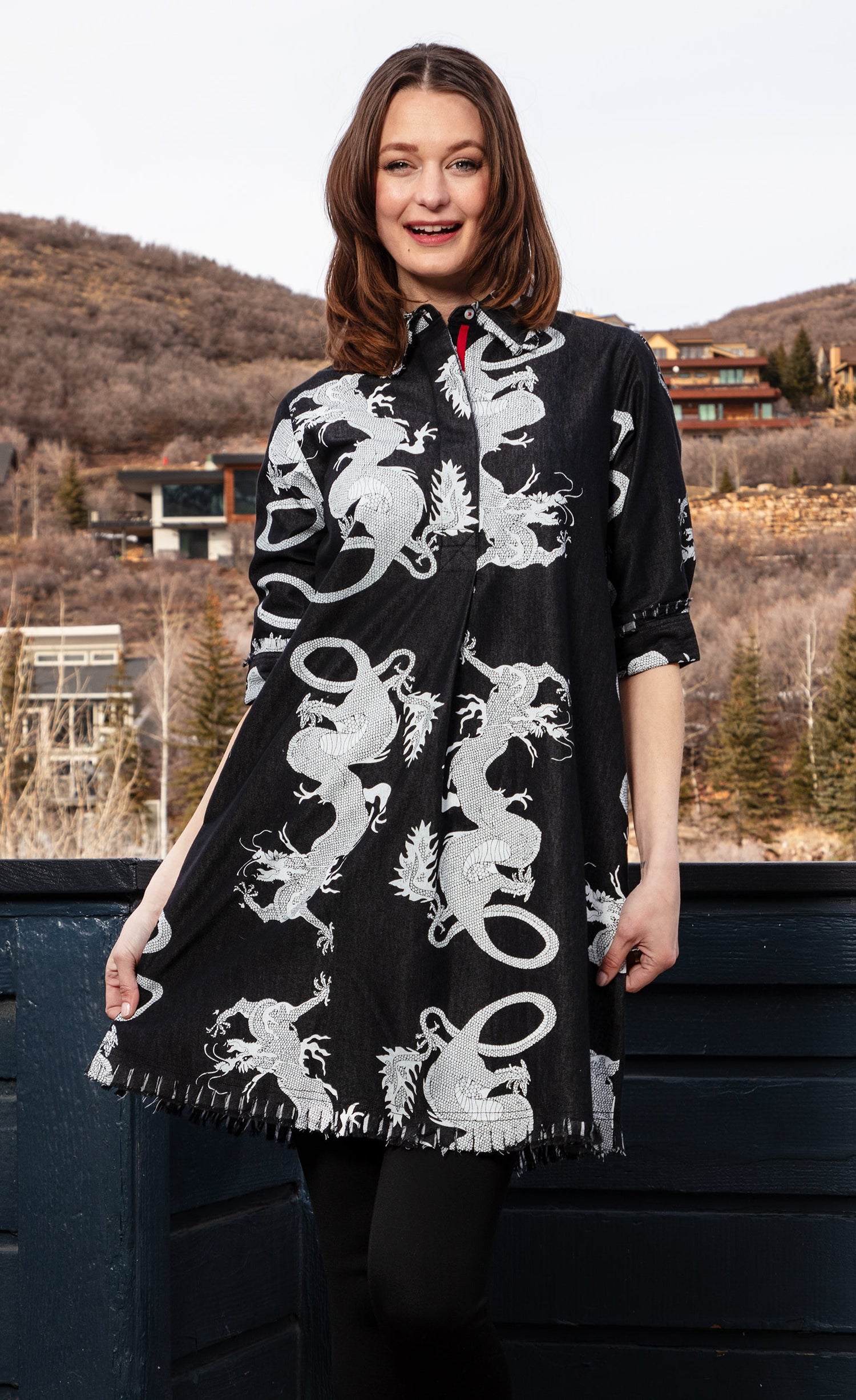 Chatham Dress Black Denim Dragon Print