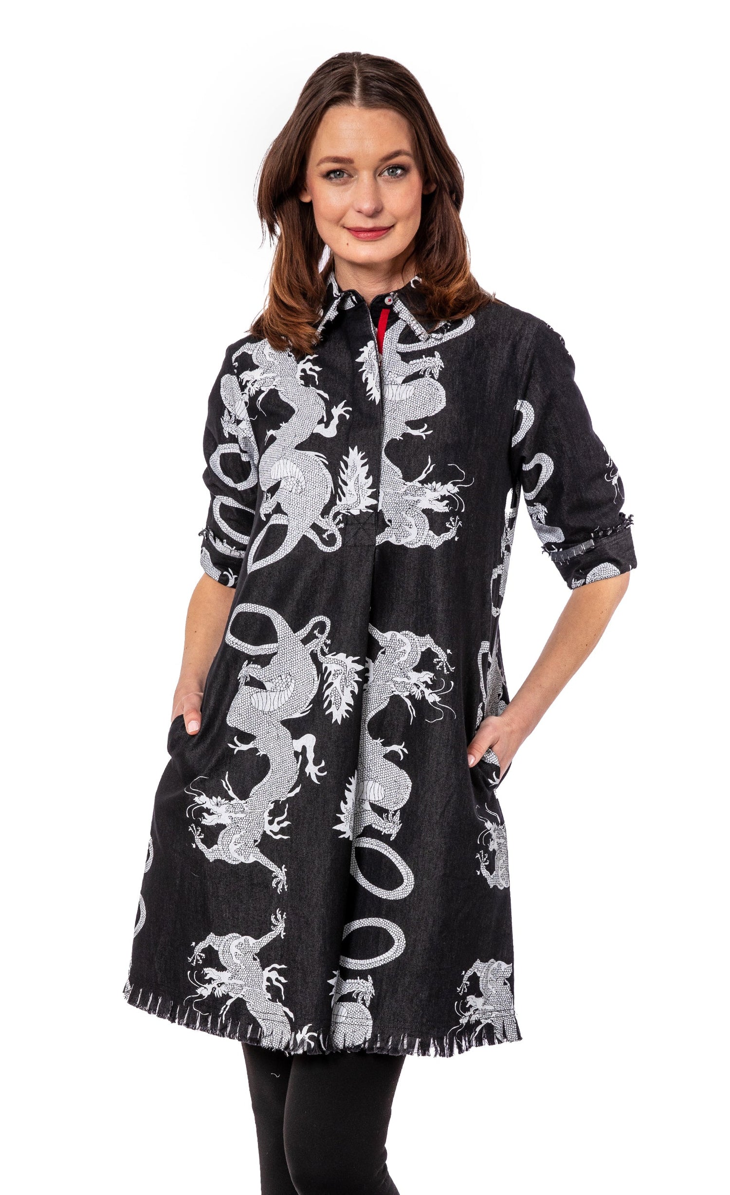 Chatham Dress Black Denim Dragon Print