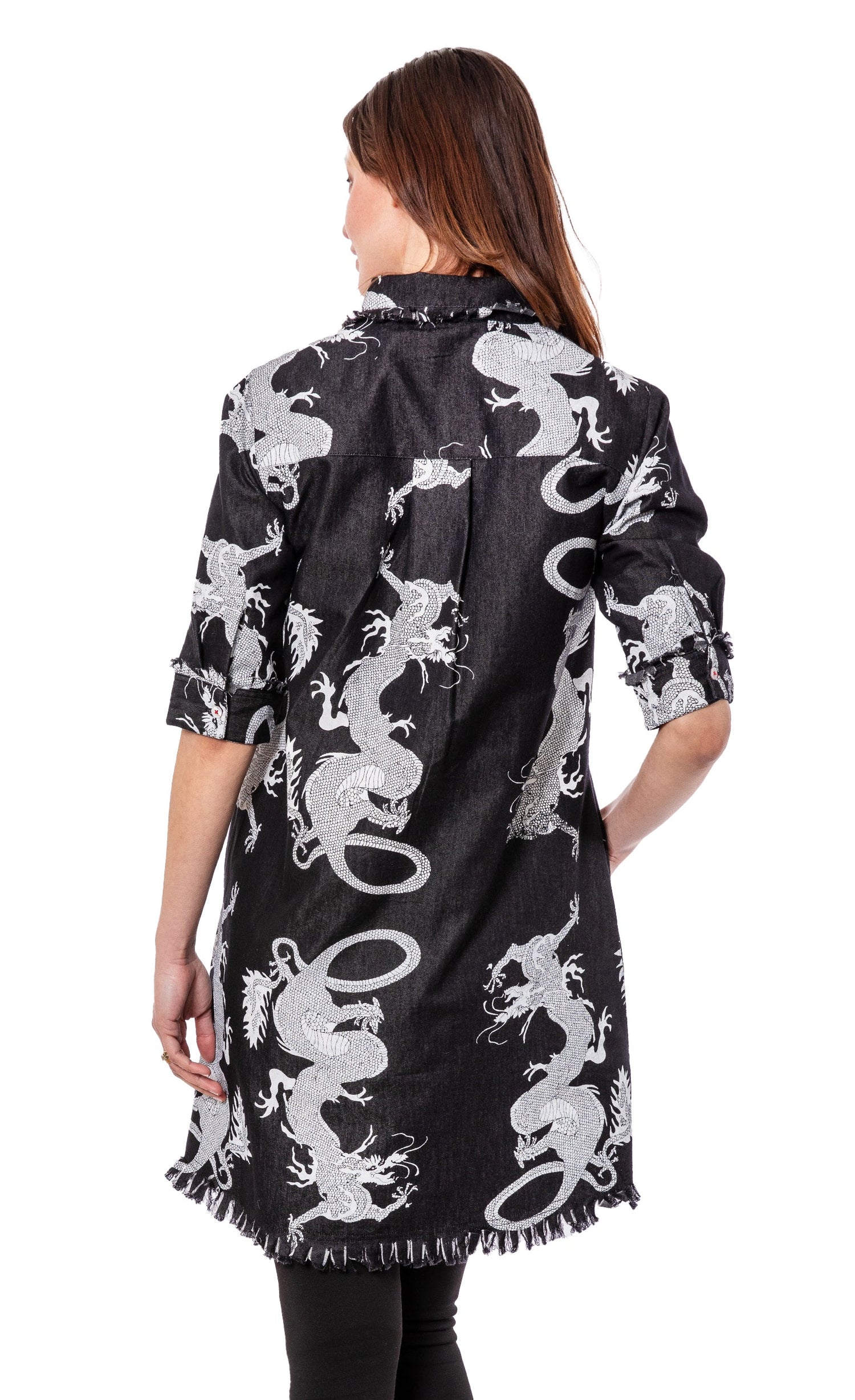 Chatham Dress Black Denim Dragon Print