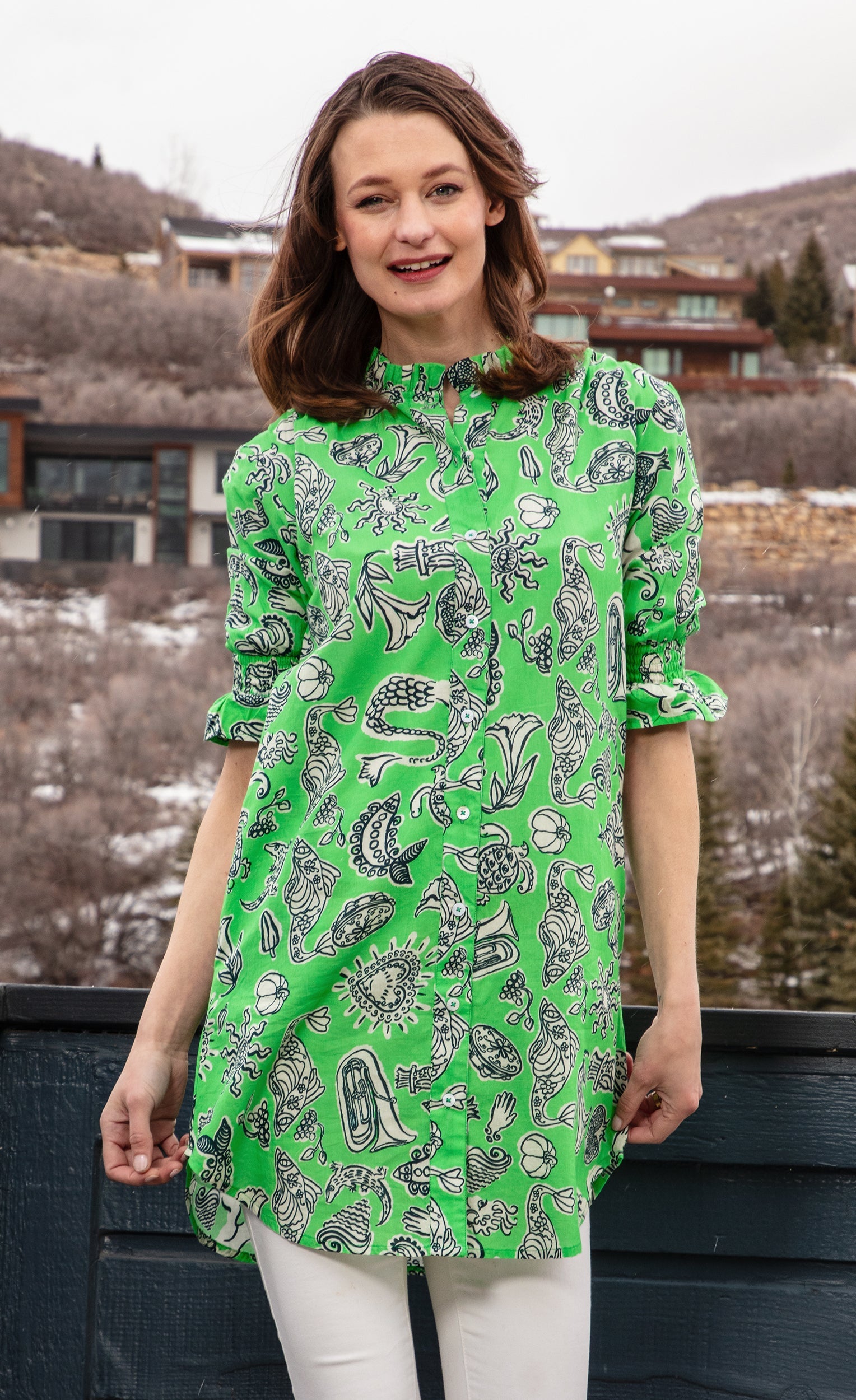 Big Shirt Tunic with Ruffle Green Whimsy Print