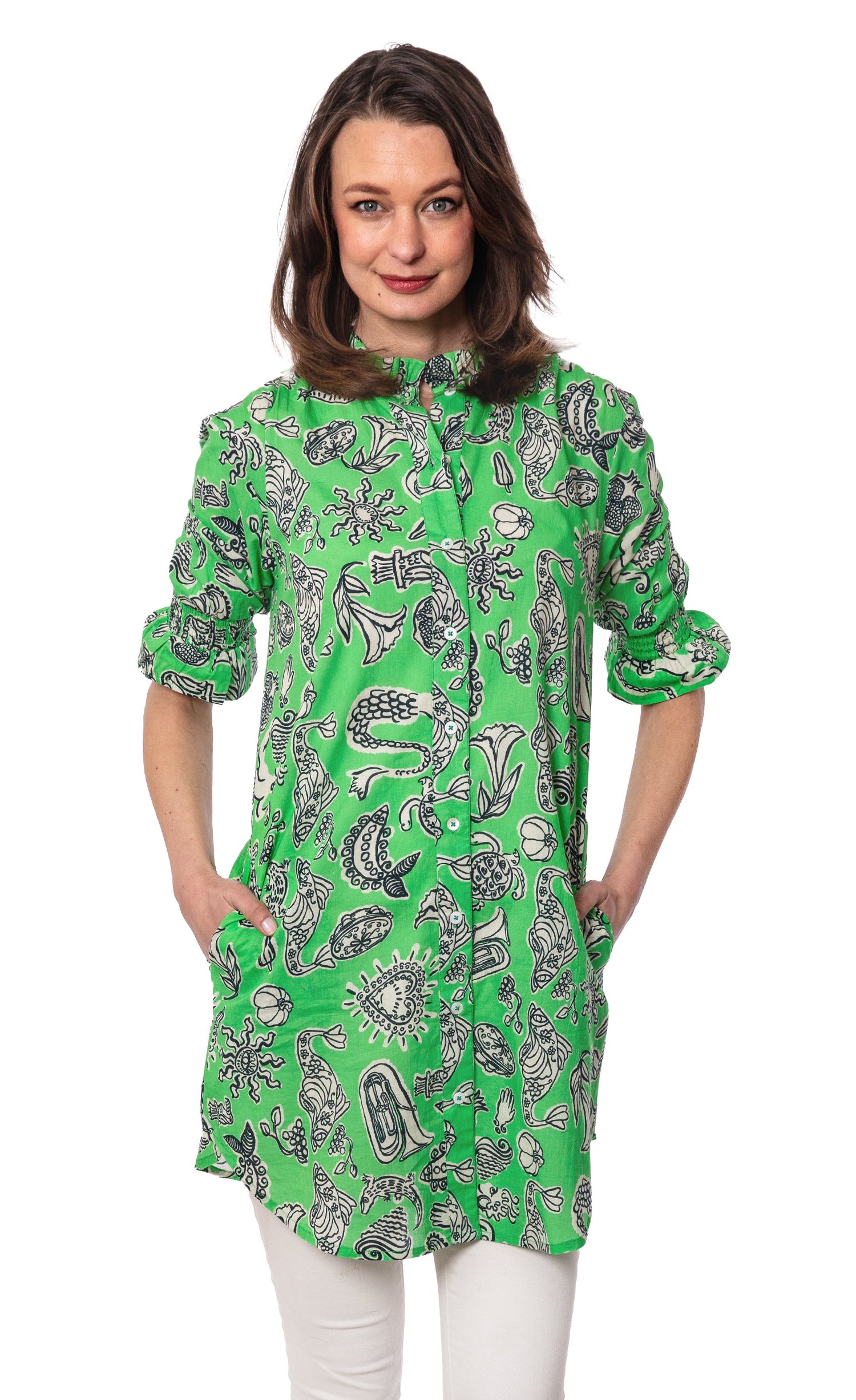 Big Shirt Tunic with Ruffle Green Whimsy Print