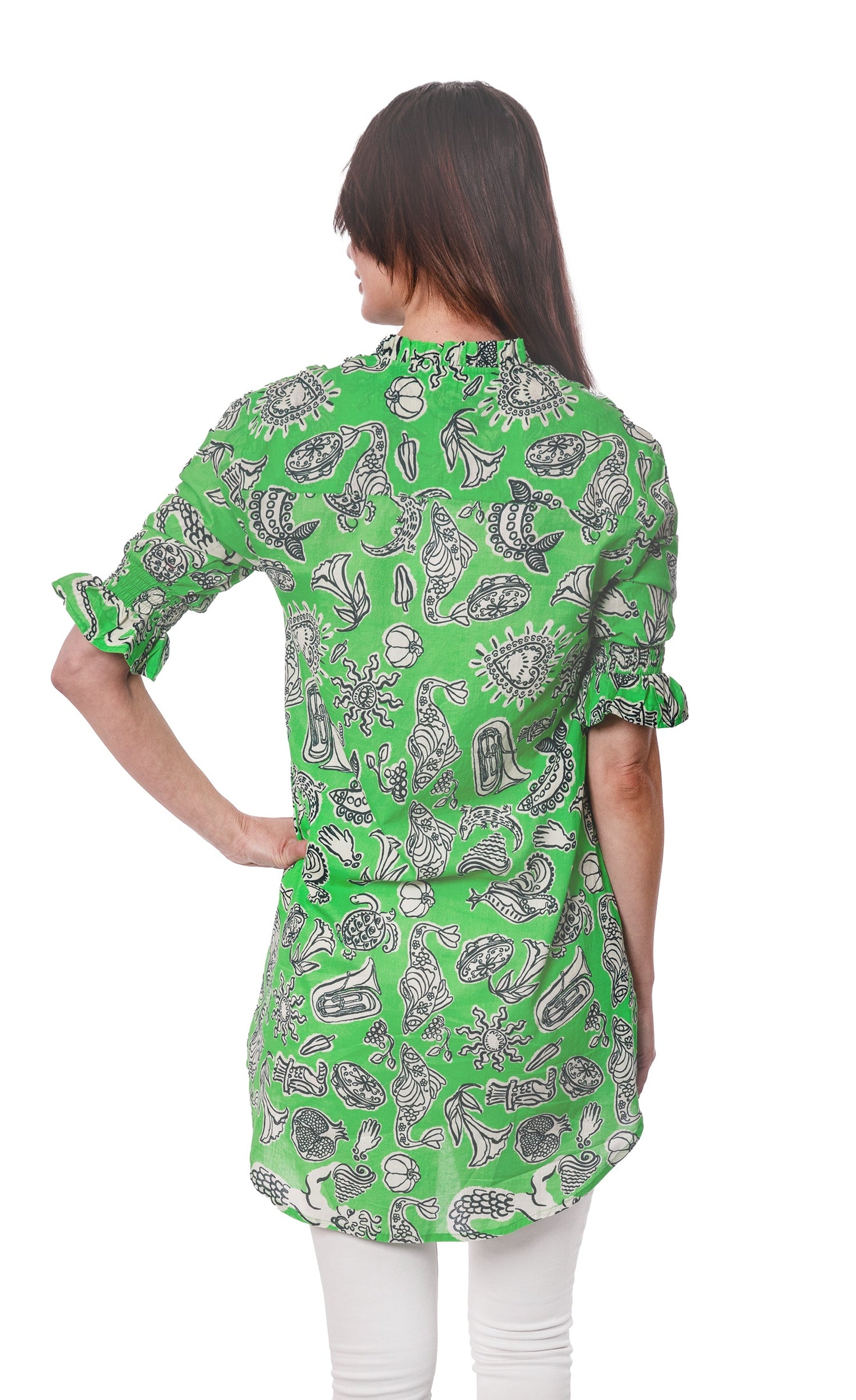 Big Shirt Tunic with Ruffle Green Whimsy Print