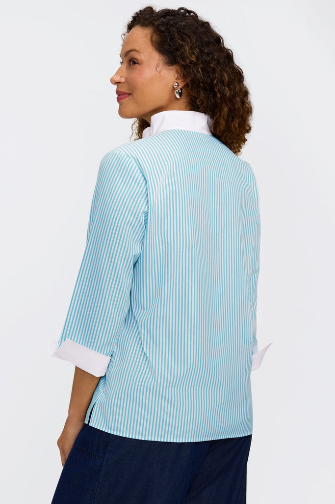Tammy No Iron Pinpoint Striped 3/4 Sleeve Popover Shirt - Capri
