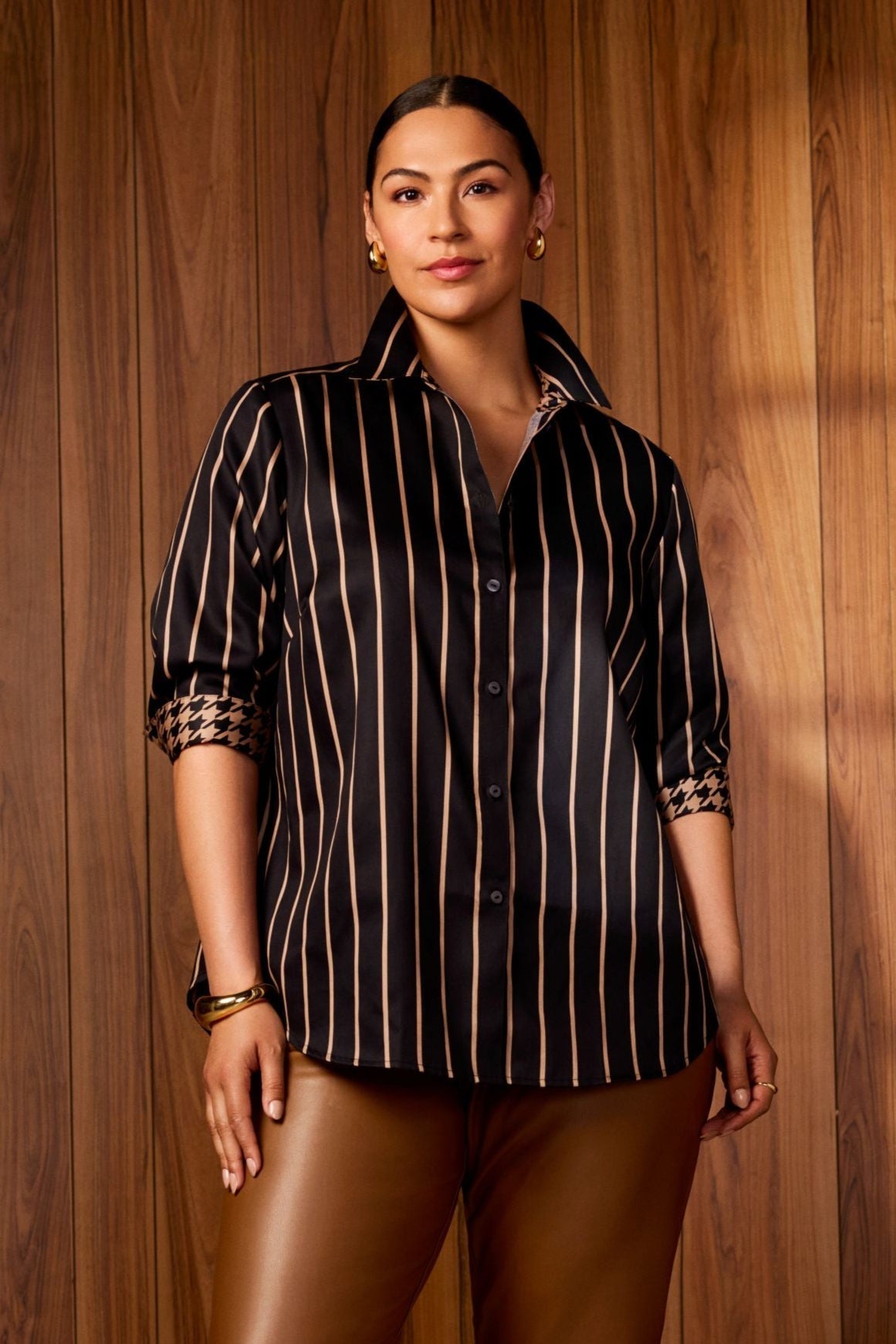 Foxcroft | Margie Stripe & Houndstooth 3/4 Sleeve Shirt