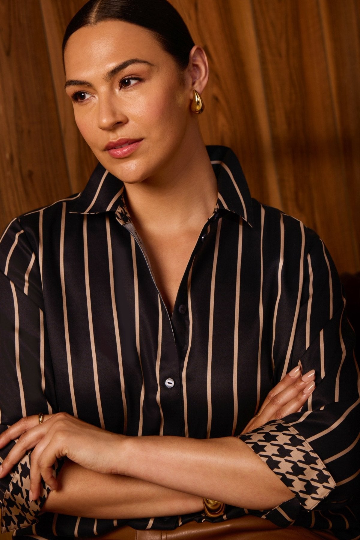 Foxcroft | Margie Stripe & Houndstooth 3/4 Sleeve Shirt